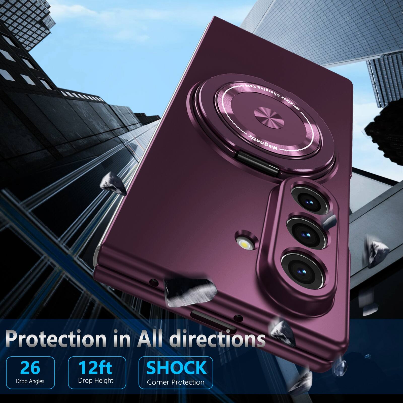 - Case Charging
- DM LAS
- Magnetic Protection in All directions
- 26 Drop Angles
- 12ft Drop Height
- SHOCK Corner Protection