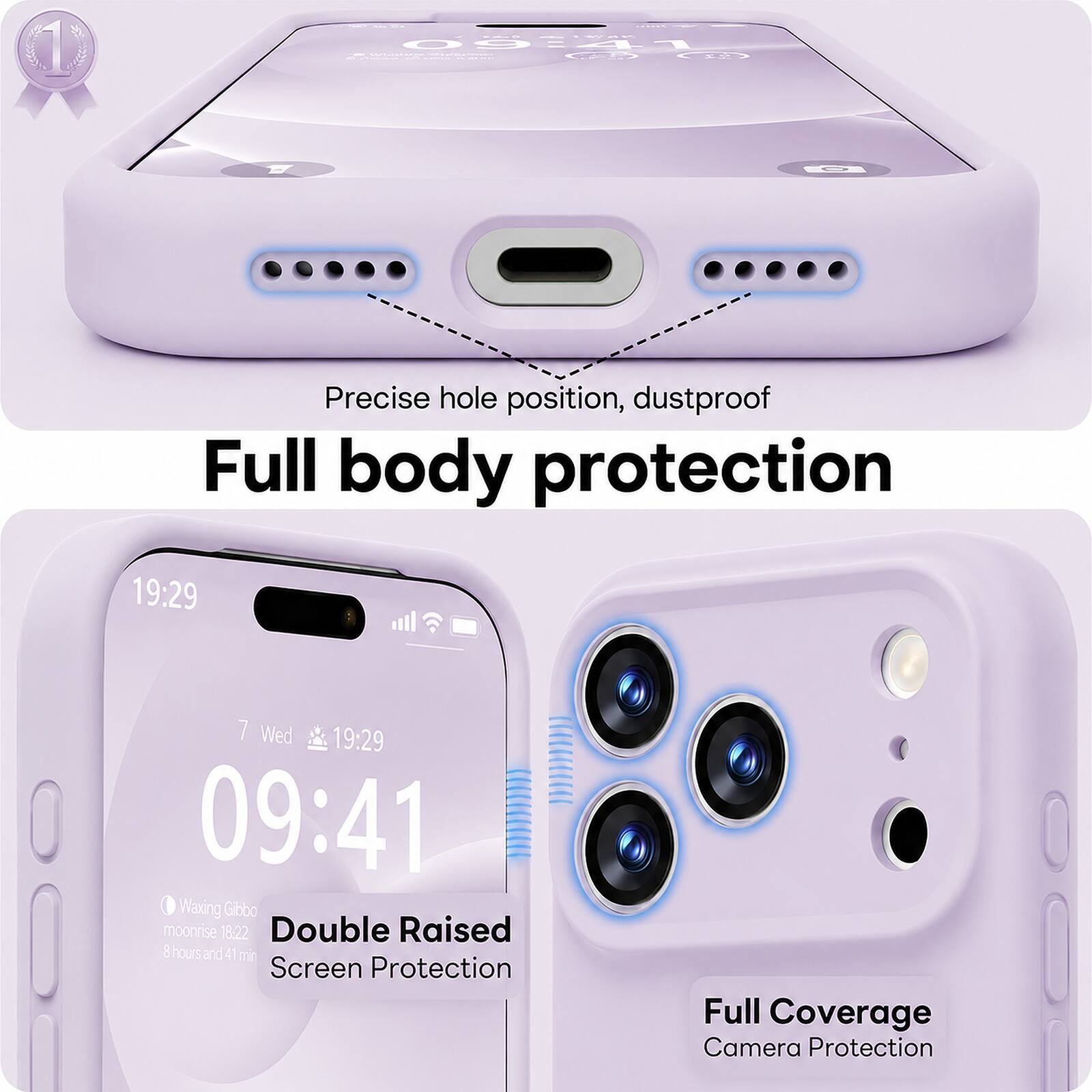 12 09:41  
D  
Precise hole position, dustproof  
Full body protection  

19:29  
7 Wed 19:29 09:41  
Waxing Gibbo moonrise 18:22  
Double Raised 8 hours and 41 min  
Screen Protection  
Full Coverage Camera Protection