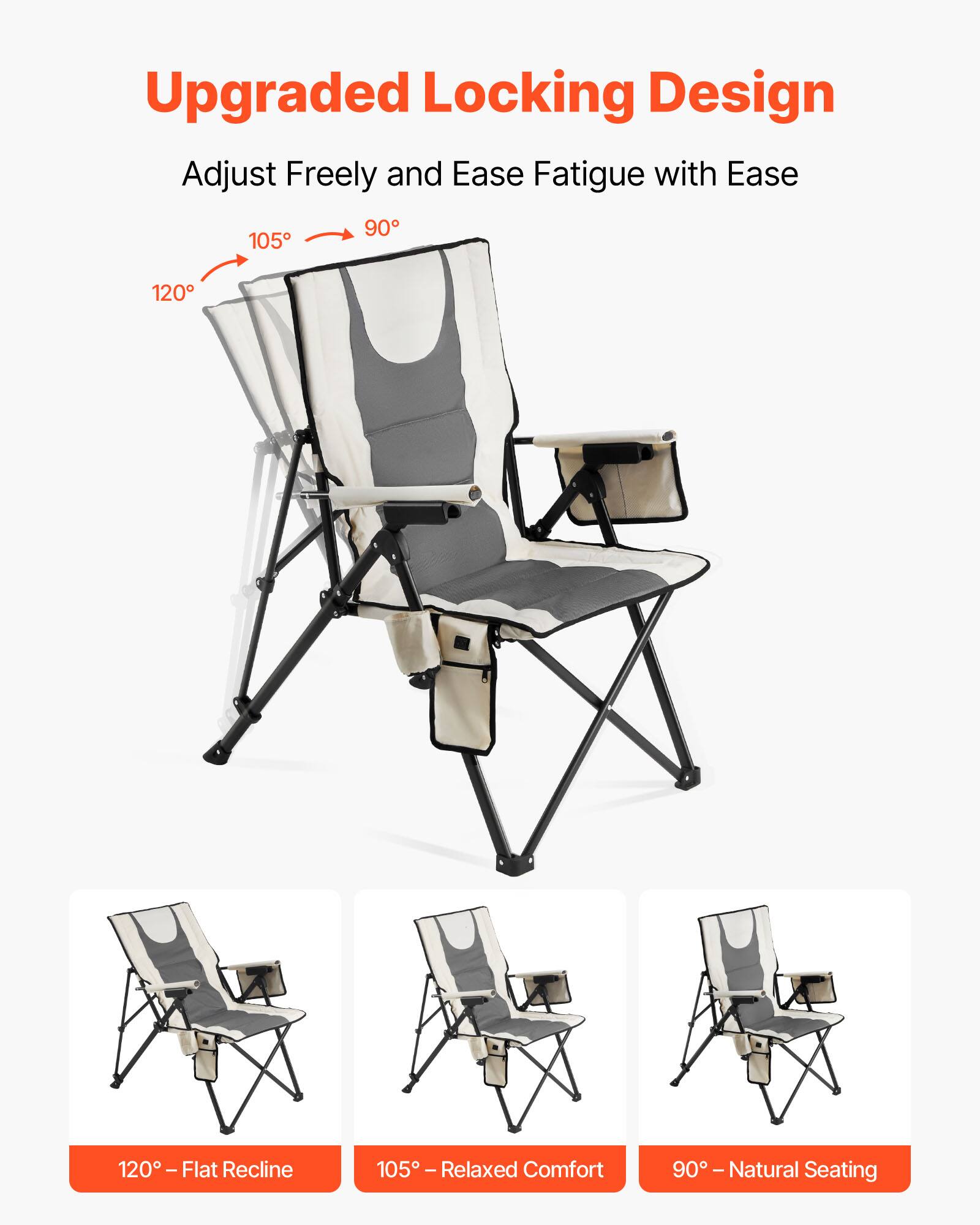 Upgraded Locking Design  
Adjust Freely and Ease Fatigue with Ease  

120° - Flat Recline  
105° - Relaxed Comfort  
90° - Natural Seating