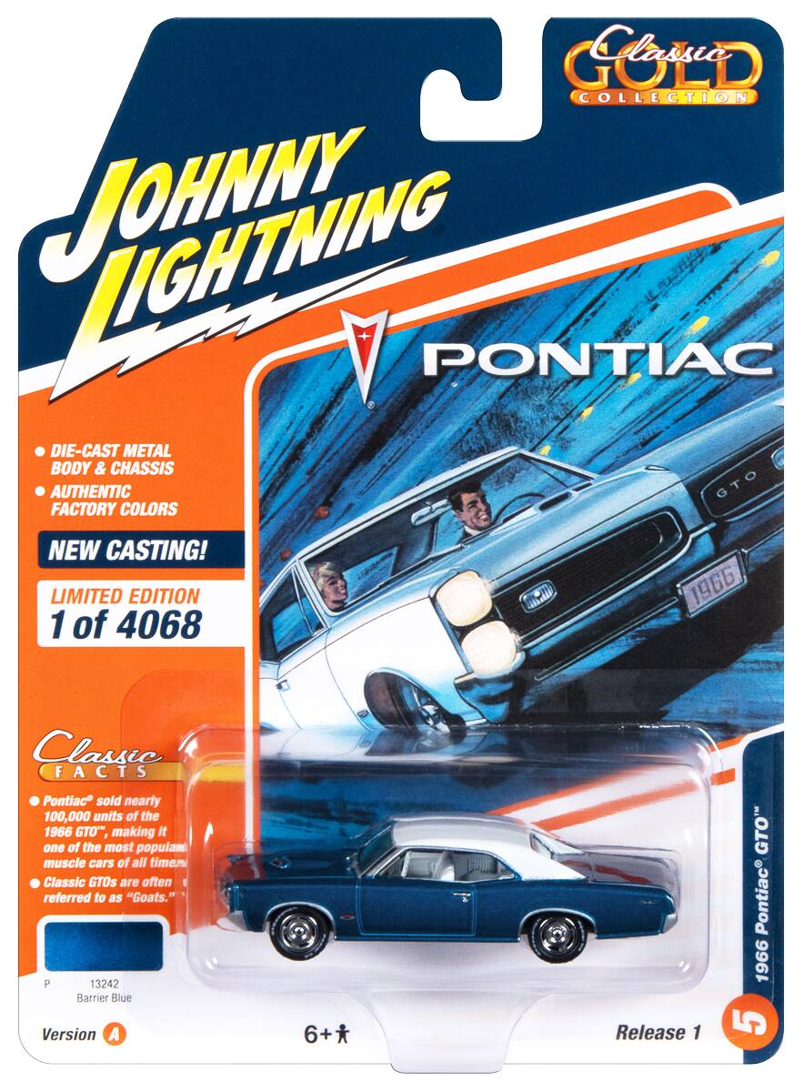 Johnny Lightning- 1966 Pontiac GTO Barrier Blue Metallic White Top White Interior Classic Gold Collection 2023 Limited 4068pcs 1/64- Blue Metallic With White
