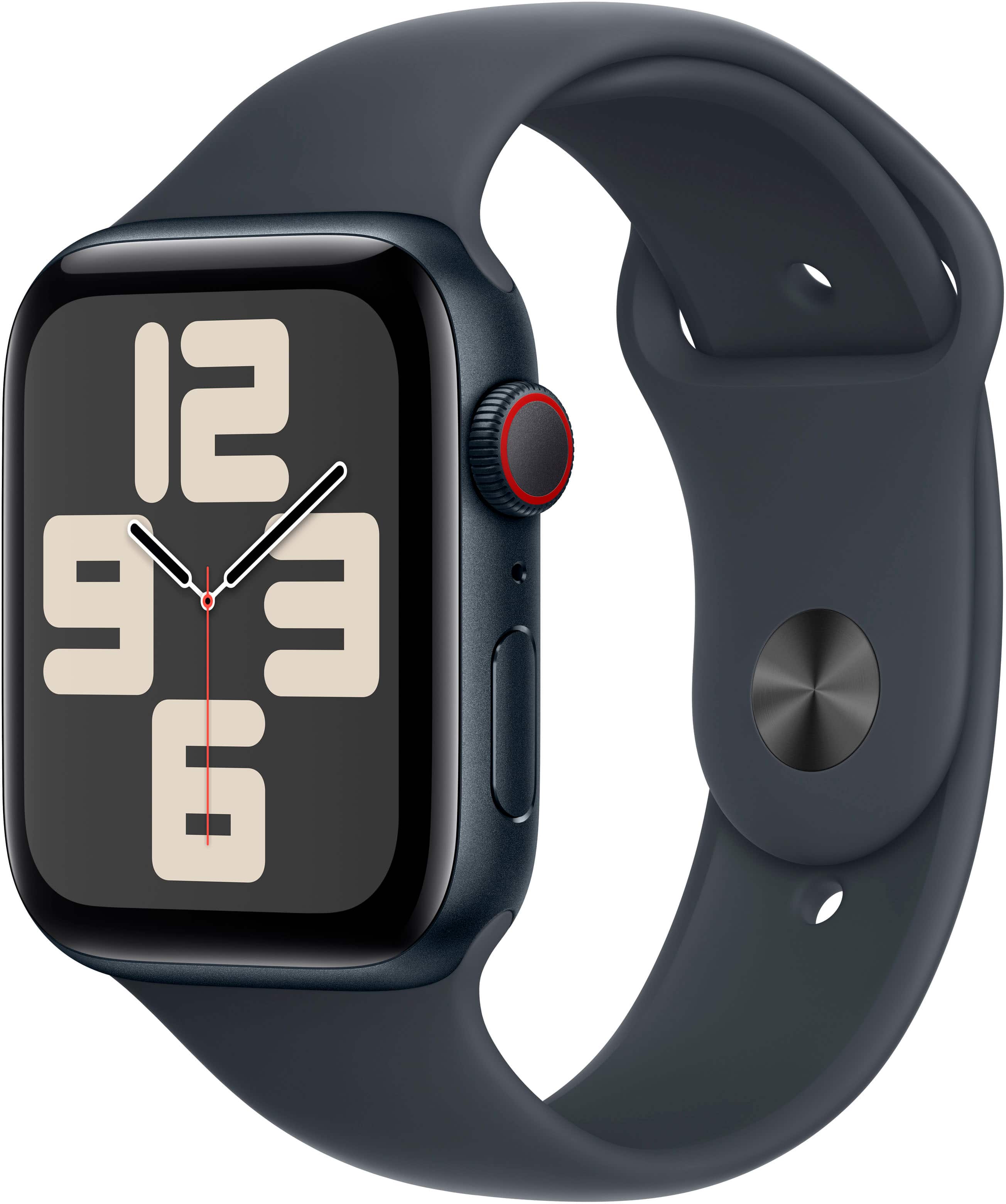 Angle. Apple - Apple Watch SE 2nd Generation (GPS+Cellular) 44mm Aluminum Case with Midnight Sport Band - M/L - Midnight.