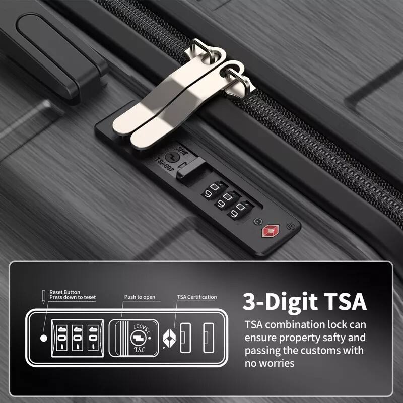 L SHE SAGO?  
9 9 9 R  
Reset Button  
Press down to reset  
Push to open  
LOOKS!  
JYL TSA Certification  
3-Digit TSA  
TSA combination lock can ensure property safety and passing the customs with no worries