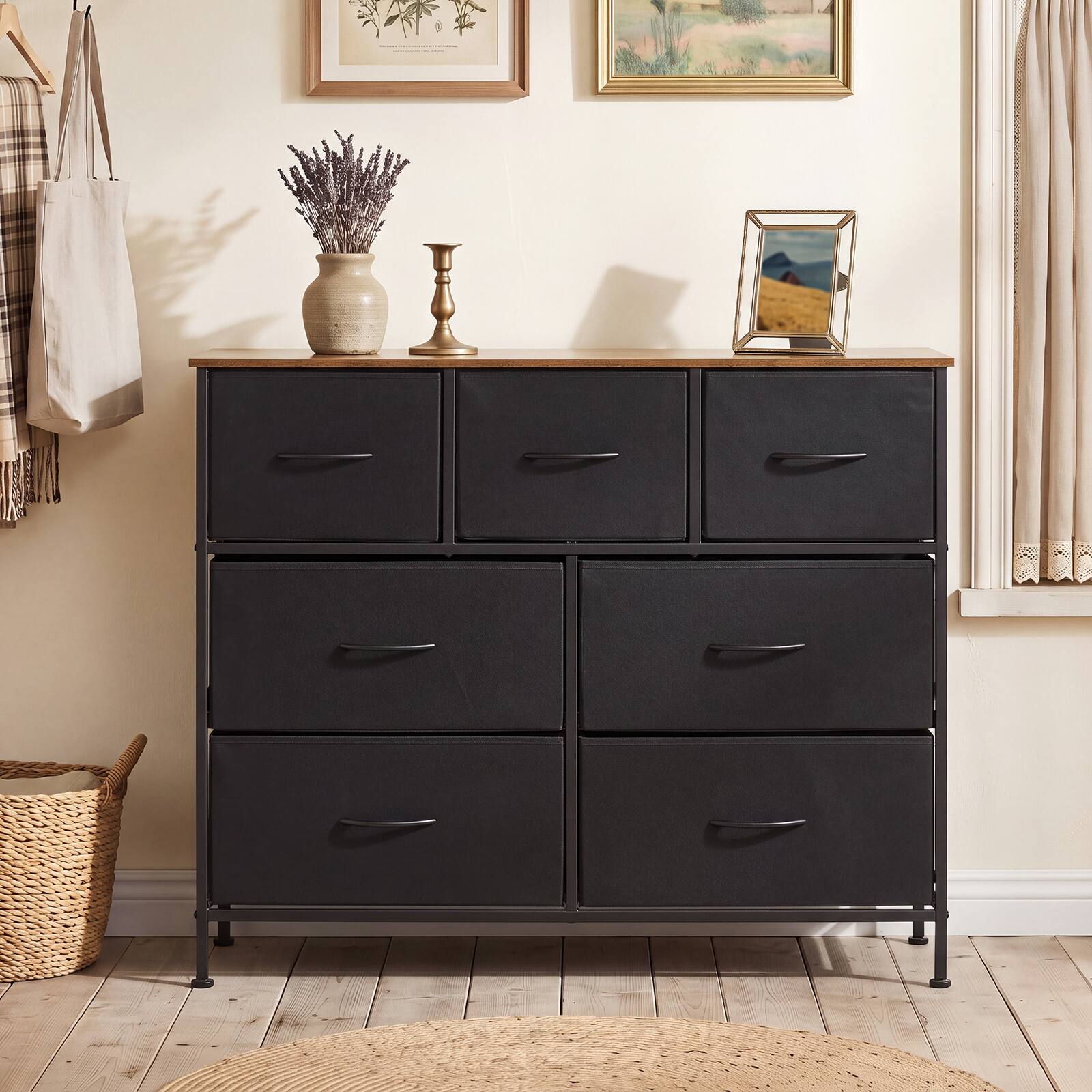 Alt View 3. Costway - Costway 7-Drawer Wide Dresser with 2-Sized Folding Fabric Drawers & 2 Anti-tipping Kits - Black.