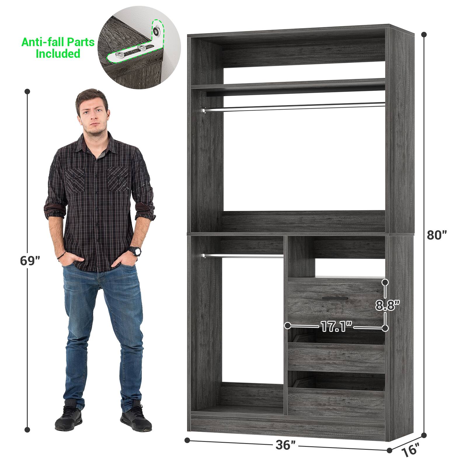 Anti-fall Parts Included

80"  
69"  
17.1"  
8.8"  
36"  
16"