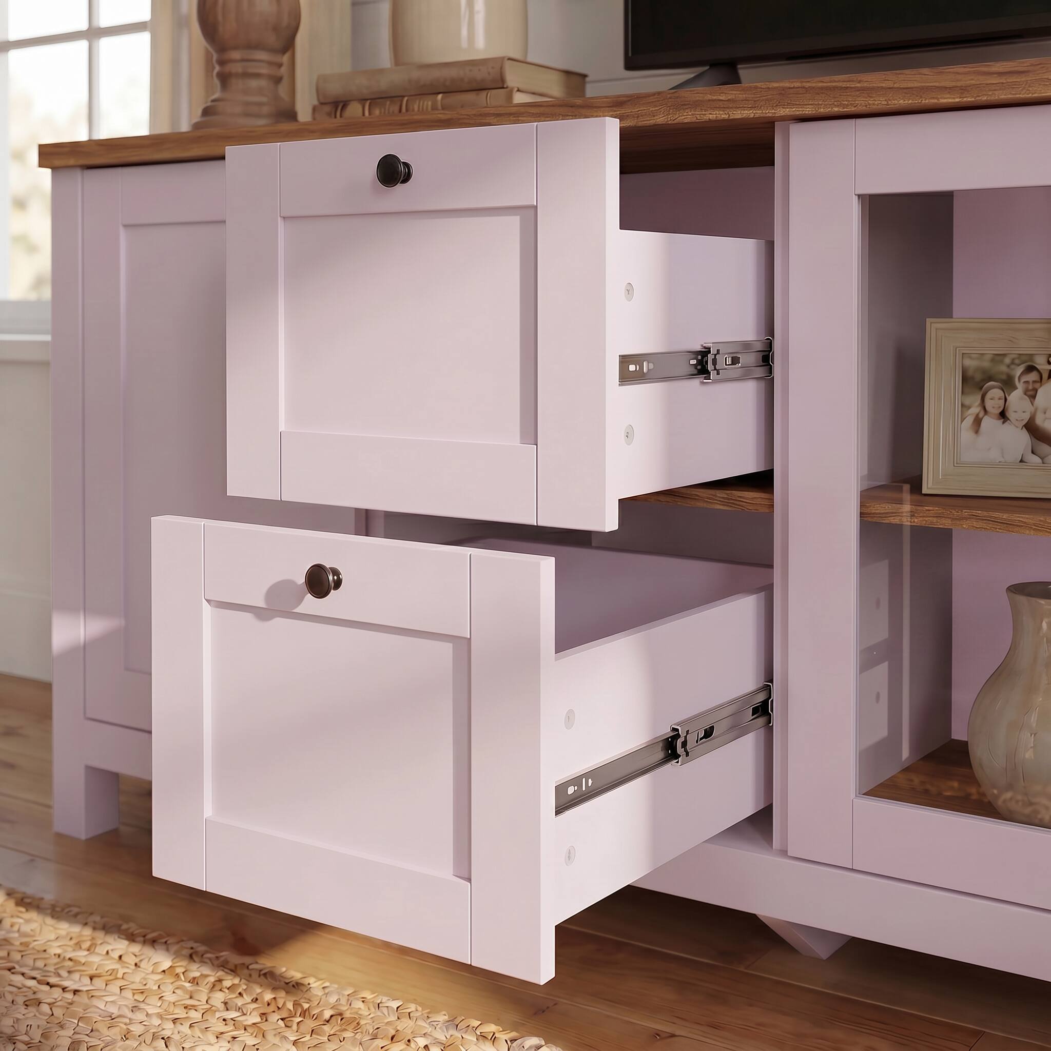 Alt View 7. Famapy - 90.6" Farmhouse TV Stand for 85 Inch TV, Glass Doors, Adjustable Shelves, 10-Compartment Storage - Pink & Wooden.