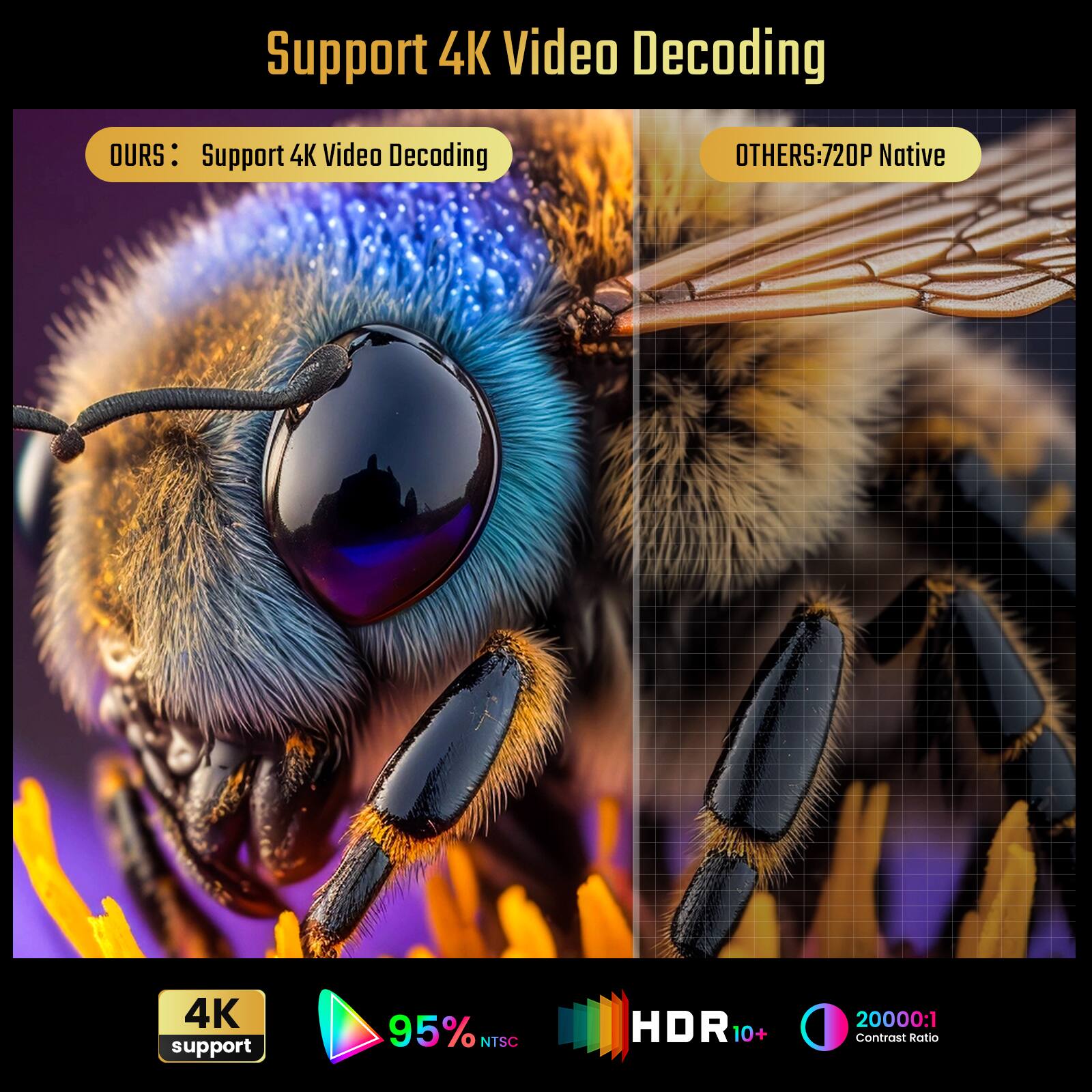Support 4K Video Decoding

OURS: Support 4K Video Decoding

OTHERS: 720P Native

4K support

95% NTSC

HDR 10+

20000:1 Contrast Ratio