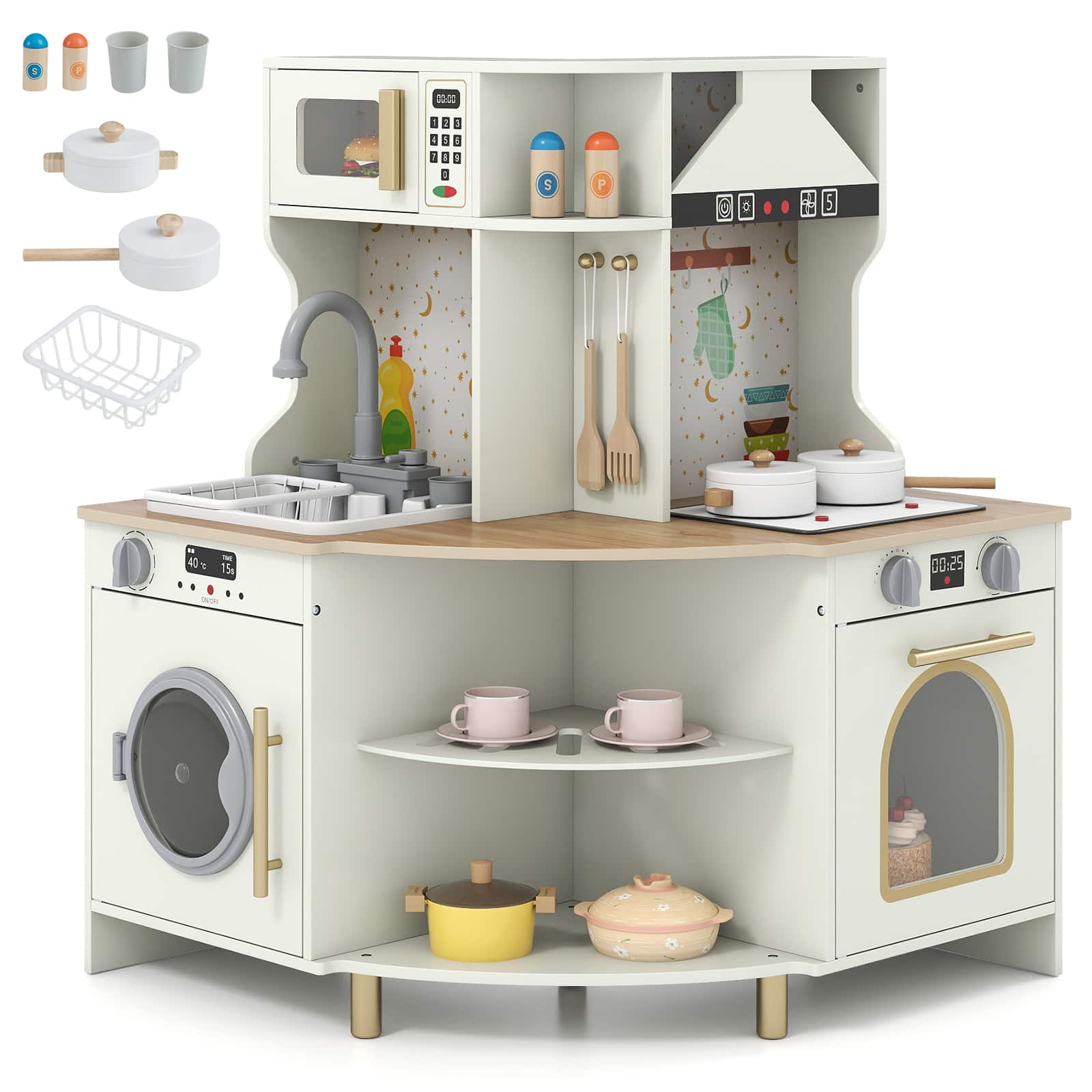 Gymax - Kids Play Kitchen w/Working Faucet & Sink Microwave & Dishwasher for Ages 3+ - Beige