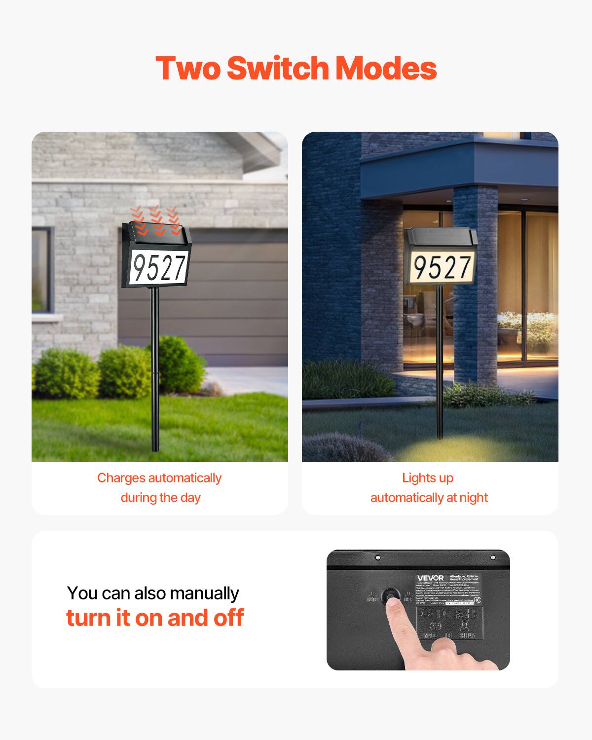 Two Switch Modes

9527

9527

Charges automatically during the day

Lights up automatically at night

You can also manually turn it on and off