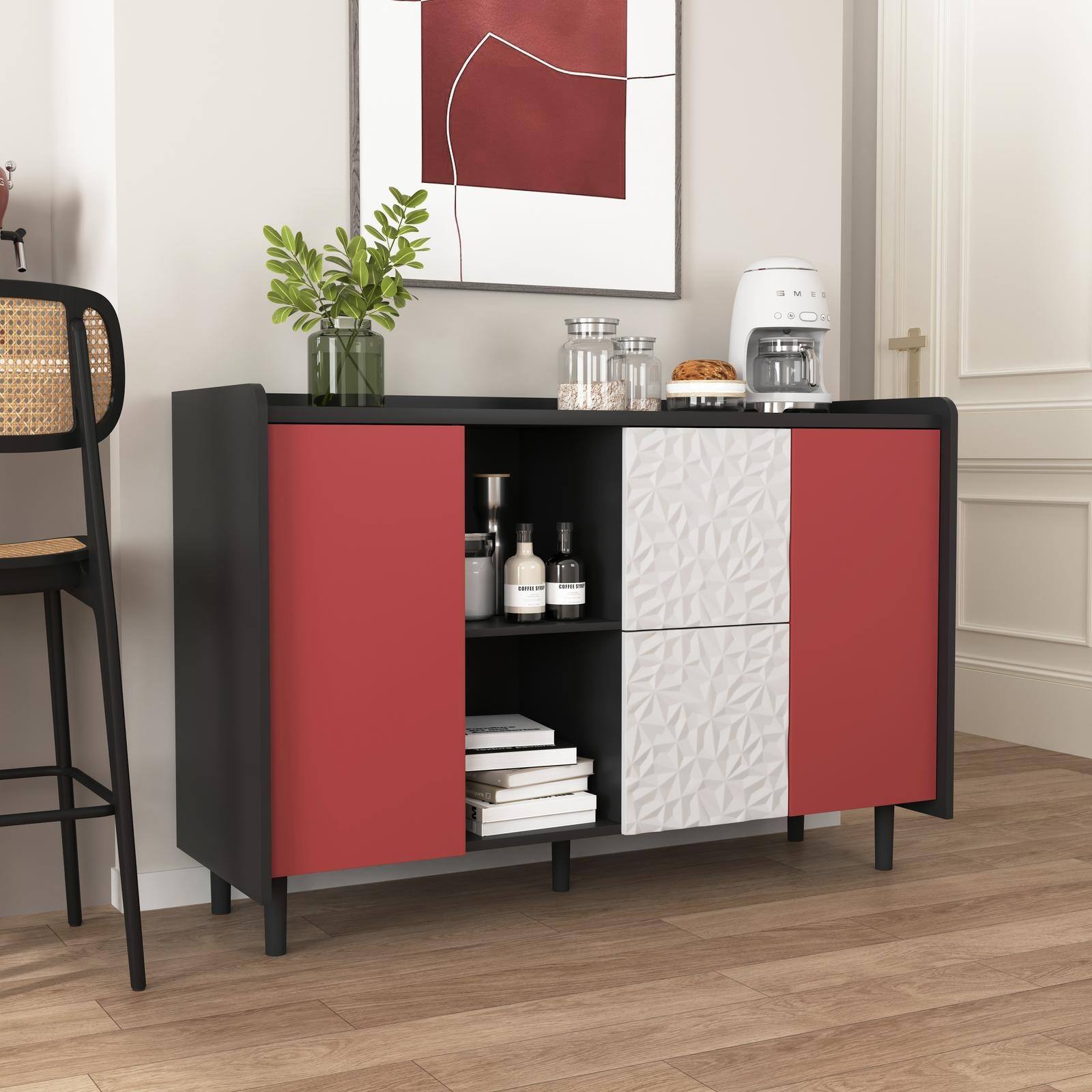 Alt View 1. Spaco - Spaco Buffet Cabinet, 2-Drawer Coffee Bar Storage with Open Compartments, Modern Sideboard for Kitchen Dining Room - Black+Red.