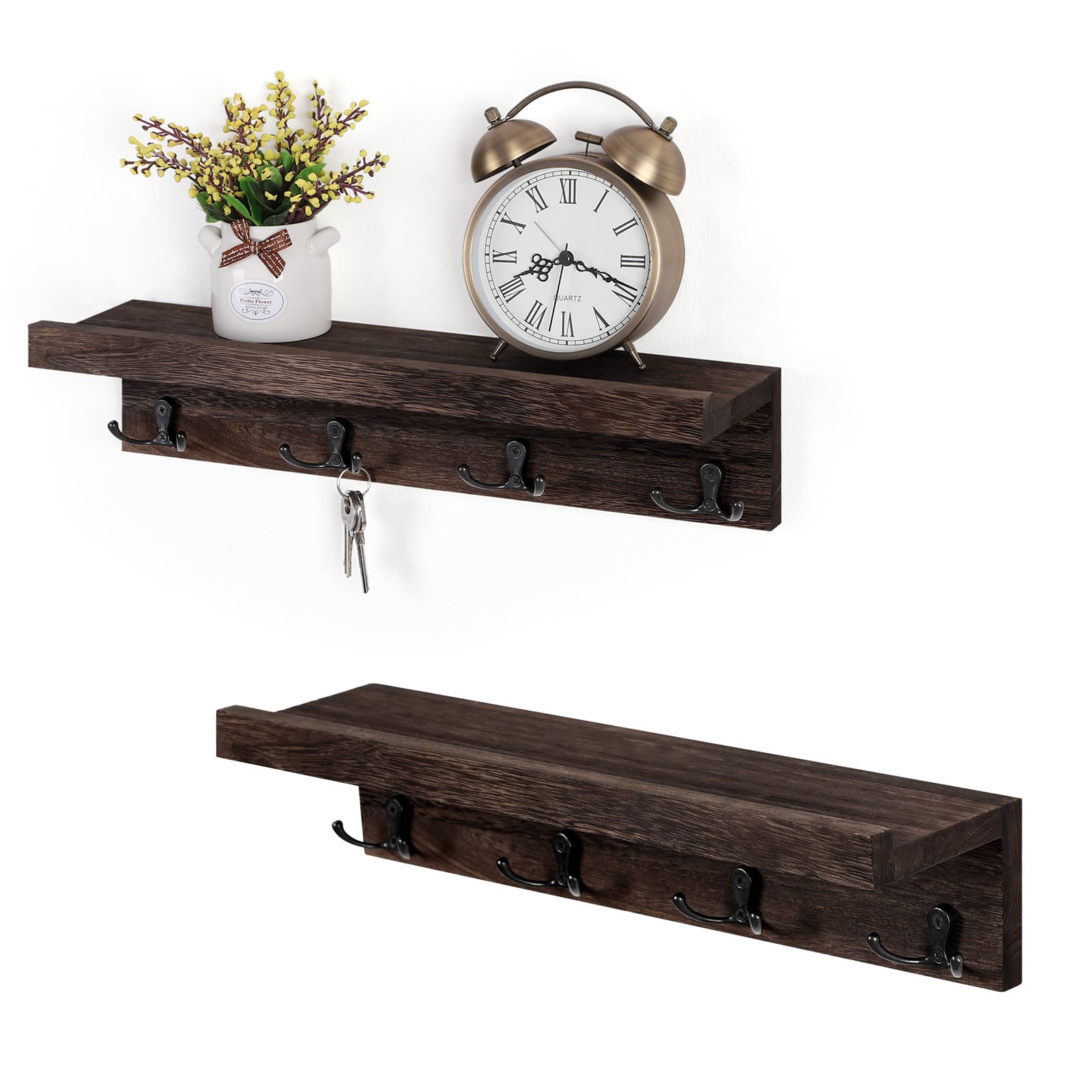 Oumilen - 2 Pack Dark Coffee Wood Floating Coat Hook Shelf, Wall Mount Entryway Organizer with 4 Black Double Prong Hooks - Brown price history on PriceWatchPro