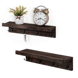 Oumilen - 2 Pack Dark Coffee Wood Floating Coat Hook Shelf, Wall Mount Entryway Organizer with 4 Black Double Prong Hooks - Brown
