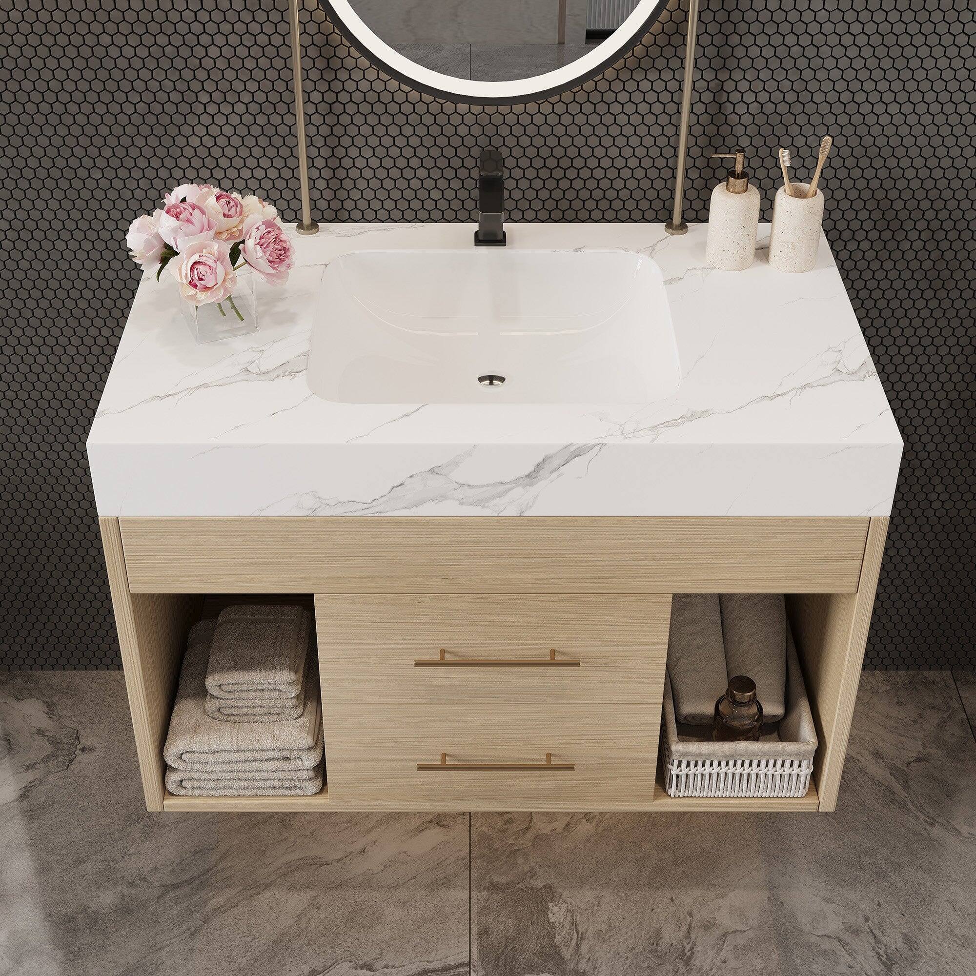 Alt View 1. Boyel Living - 29.9 In Wall-Mounted Vanity Sintered Stone Top Ceramic Undermount Sink Small Baths - Wood.