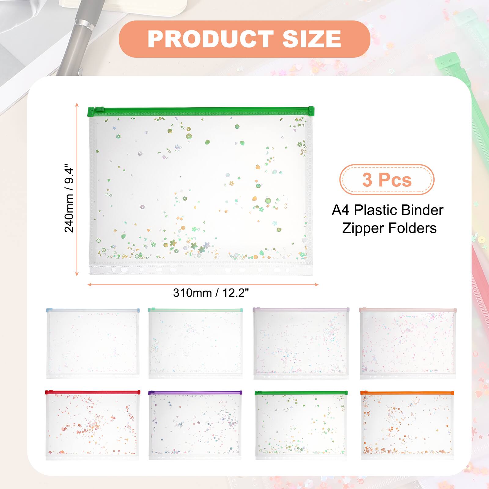 PRODUCT SIZE 9.4" 9 / 240mm 3 Pcs A4 Plastic Binder Zipper Folders 310mm / 12.2"