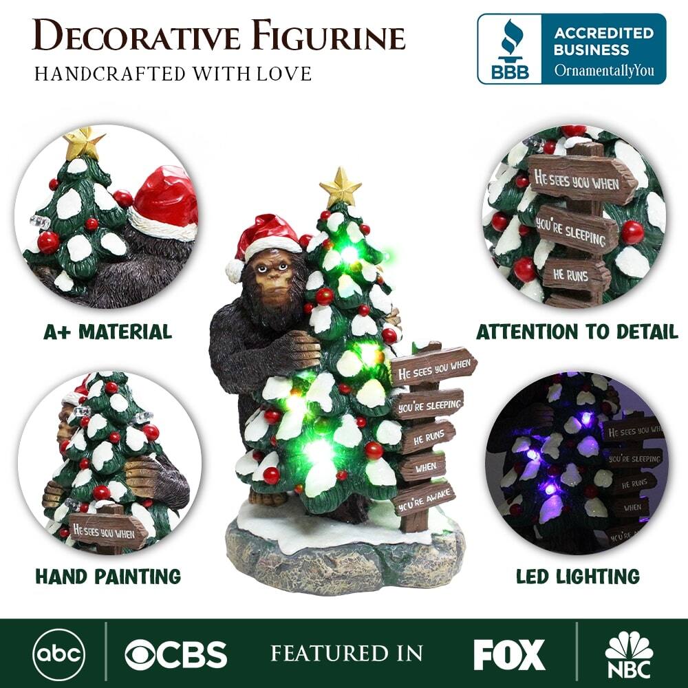 DECORATIVE FIGURINE  
HANDCRAFTED WITH LOVE  

A+ MATERIAL  
HAND PAINTING  
LED LIGHTING  
ATTENTION TO DETAIL  

ACCREDITED BUSINESS  
OrnamentallyYou  

FEATURED IN  
abc  
CBS  
FOX  
NBC  

He sees you when  
you're sleeping  
He runs when  
you're awake