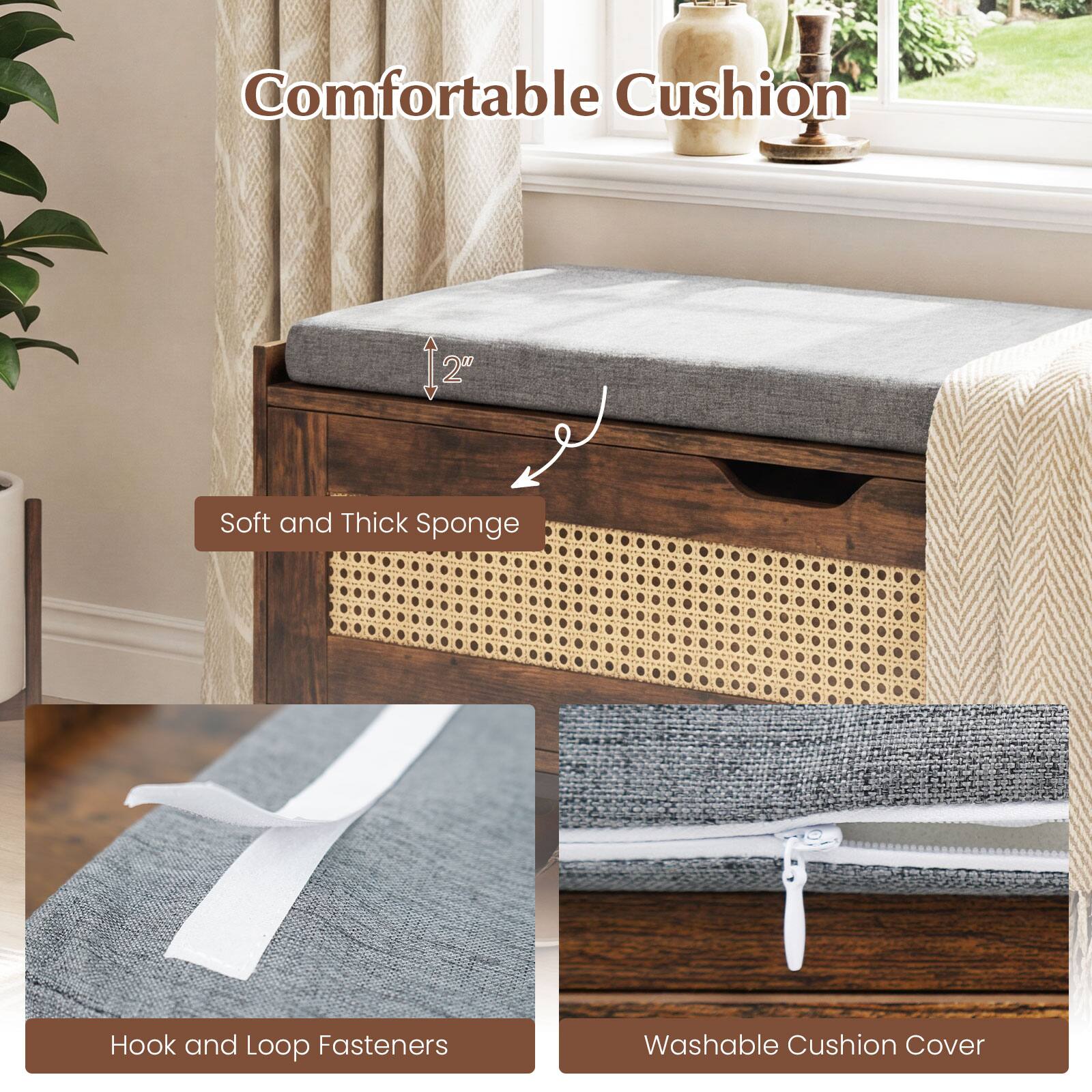 Comfortable Cushion  
12 1/2"  
Soft and Thick Sponge  
Hook and Loop Fasteners  
Washable Cushion Cover