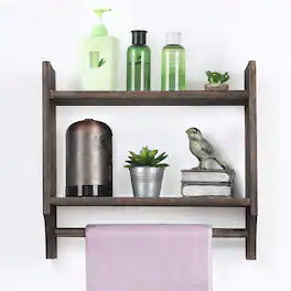 Oumilen - Dark Brown Wood Wall Mounted Bathroom Shelf with Towel Bar – 2‑Tier Storage Organizer - Dark Brown