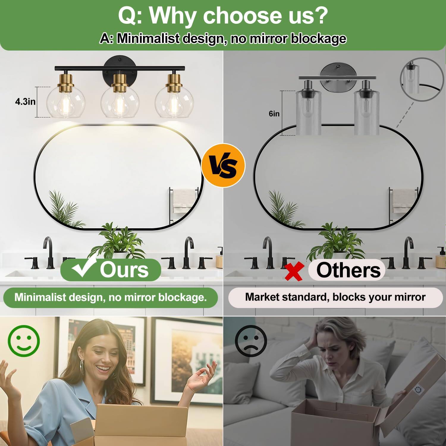 Q: Why choose us?  
A: Minimalist design, no mirror blockage

4.3in

Ours  
Minimalist design, no mirror blockage.

Others  
Market standard, blocks your mirror

6in