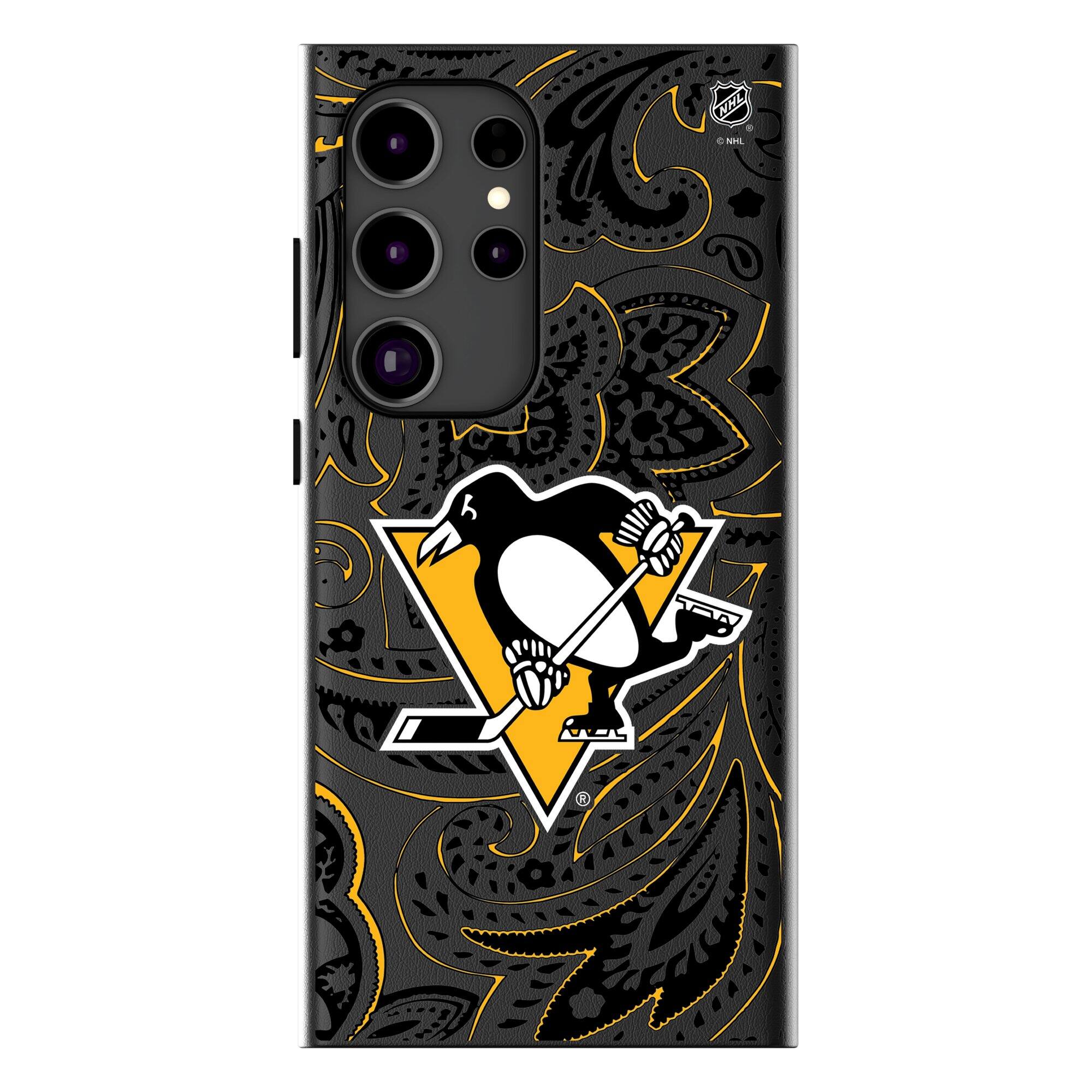 Front. Keyscaper - Pittsburgh Penguins Paisley Galaxy Magnetic Bump Case - S25 Ultra - Black.