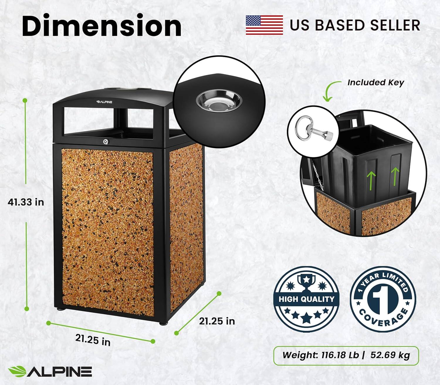 Dimension, US BASED SELLER, Included Key, ALPINE, 41.33 in, 21.25 in, YEAR LIMITED, HIGH QUALITY, 1 COVERAGE, Weight: 116.18 Lb | 52.69 kg