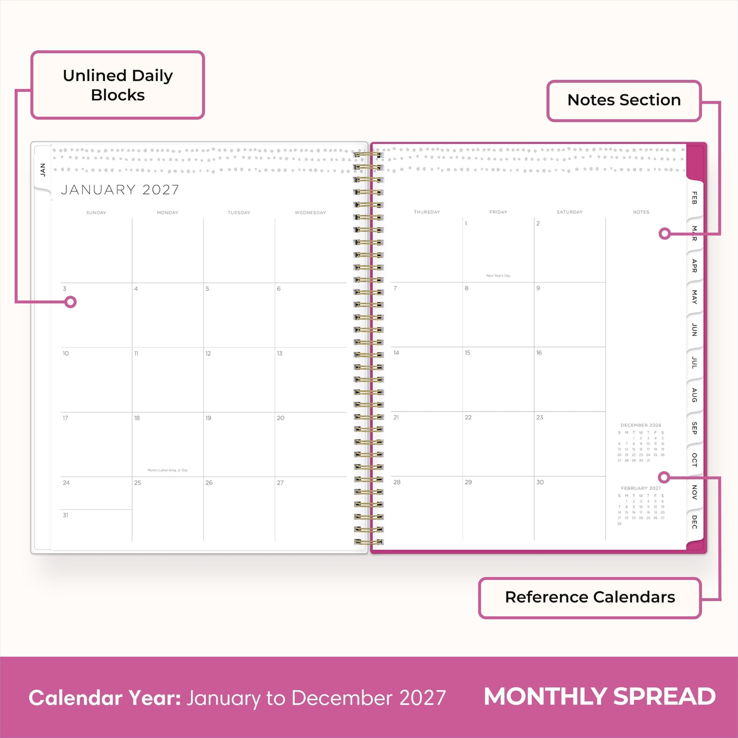 Unlined Daily Blocks

Notes Section

JANUARY 2027
SUNDAY MONDAY TUESDAY WEDNESDAY THURSDAY FRIDAY SATURDAY
3 4 5 6 7 8 9
10 11 12 13 14 15 16
17 18 19 20 21 22 23
24 25 26 27 28 29 30
31

FROM RECARLING

NOTES

DECEMBER 2026
FEBRUARY 2027

Reference Calendars

Calendar Year: January to December 2027

MONTHLY SPREAD
