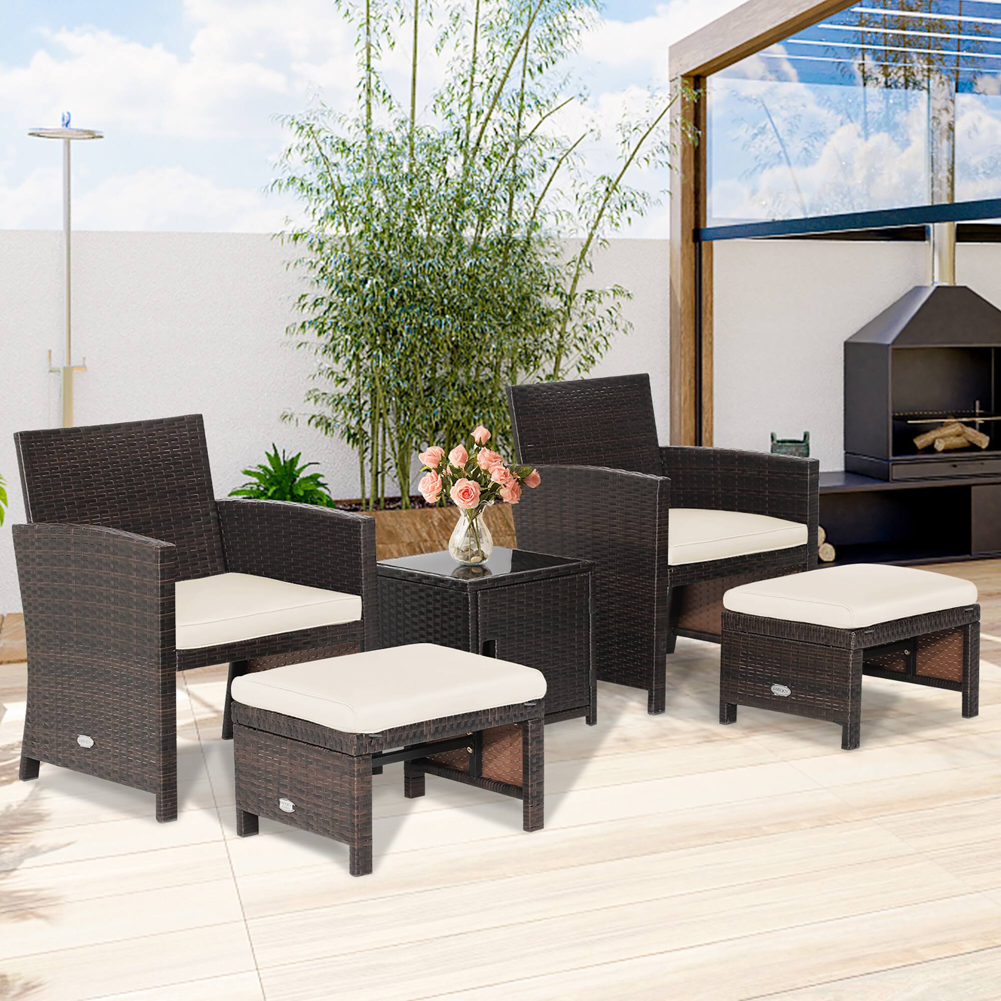 Alt View 2. Costway - Costway 5PCS Patio Rattan Furniture Set Ottoman Cushioned W/Cover Space Saving - White.