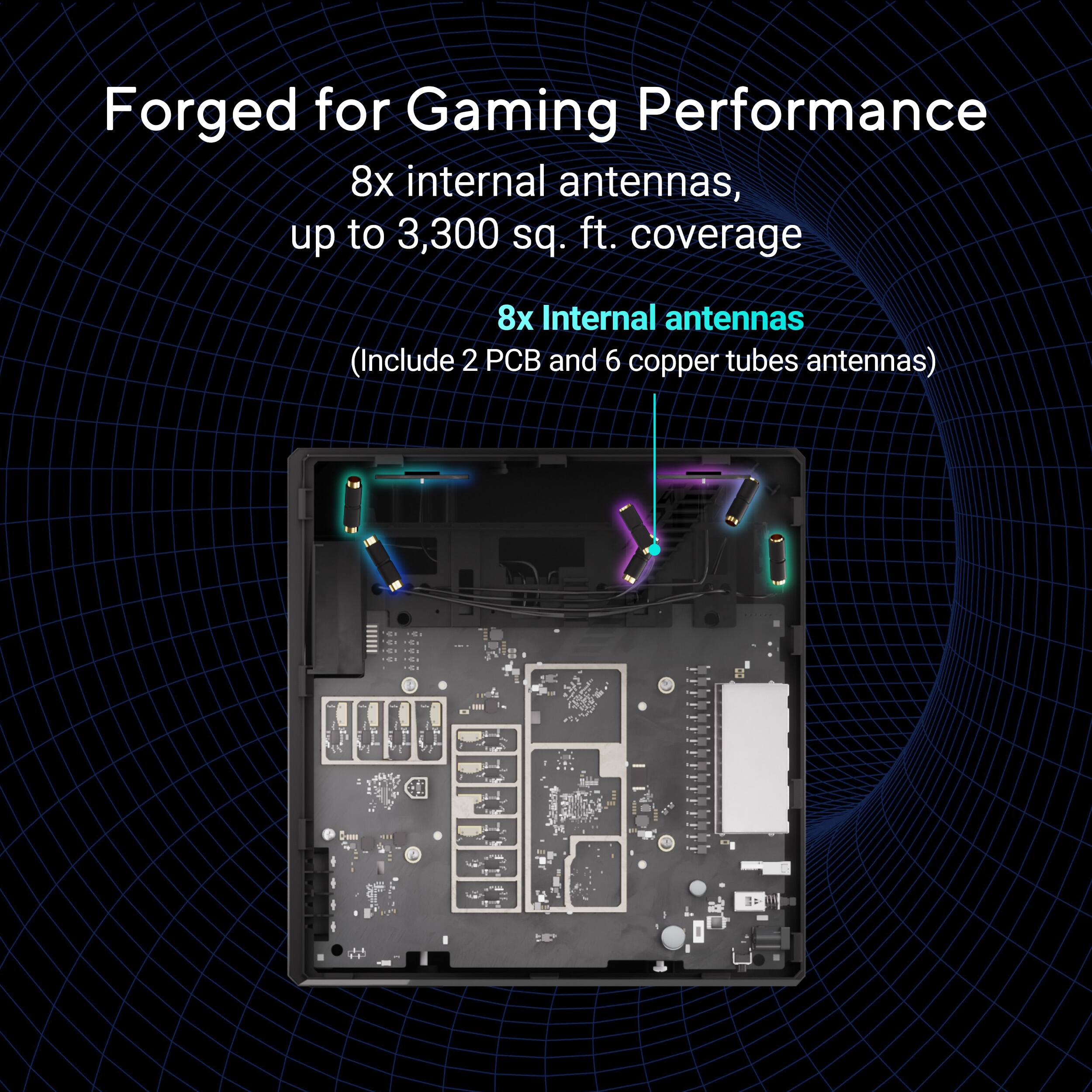 Forged for Gaming Performance: 8x Internal Antennas, Up to 3,300 sq. ft. Coverage

This image features a close-up view of a gaming device that has been designed to optimize its performance. The device is equipped with eight internal antennas, which provide an extensive coverage area of up to 3,300 square feet. This allows for a more immersive gaming experience, as the device can connect to a wider range of devices and networks. Additionally, the device includes two CB and six copper tubes antennas, which further enhance its signal strength and connectivity.