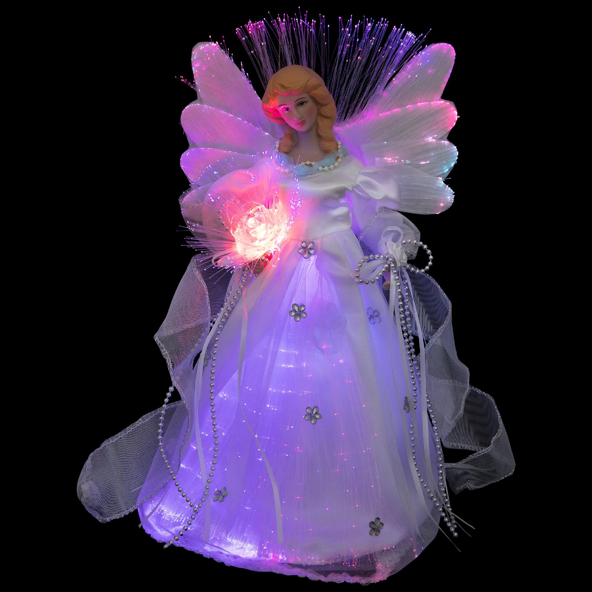 Alt View 2. Northlight - Color-changing Fiber Optic Angel with Rose Christmas Tree Topper - 12" - White - White.