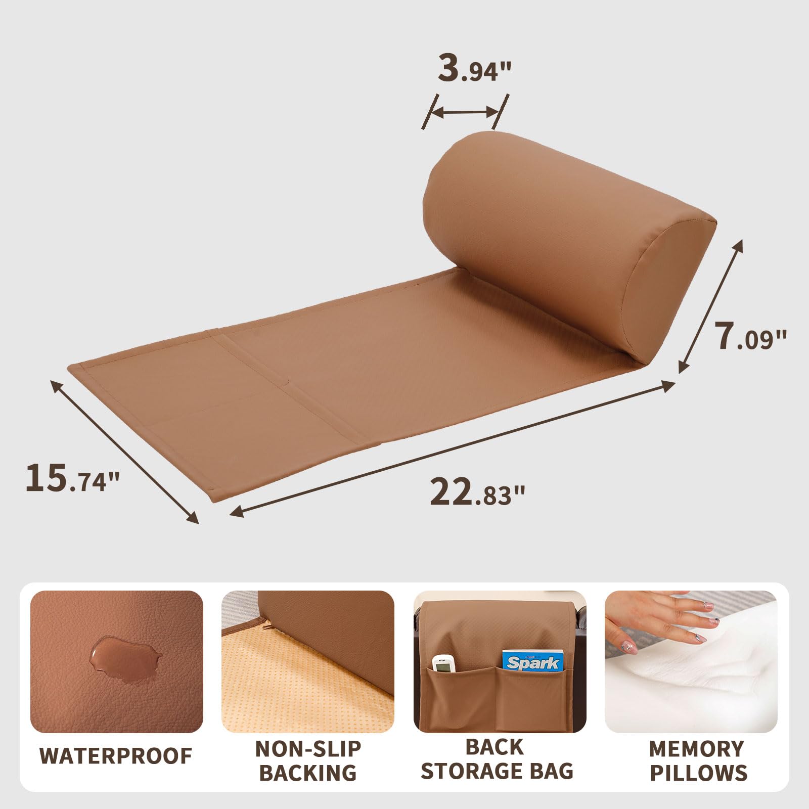 3.94" 7.09" 15.74" 22.83"  
Spark  
NON-SLIP BACK WATERPROOF BACKING STORAGE BAG MEMORY PILLOWS