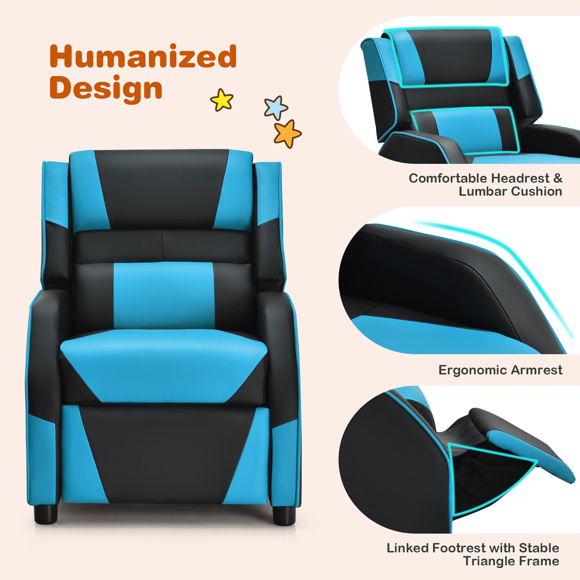 Humanized Design

Comfortable Headrest & Lumbar Cushion

Ergonomic Armrest

Linked Footrest with Stable Triangle Frame