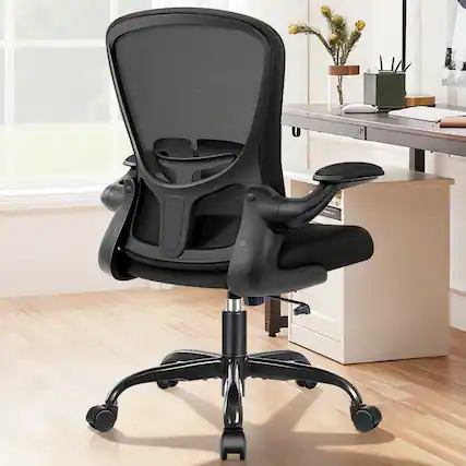 Front. KERDOM - Ergonomic Desk Chair, Swivel Computer Chair with Flip-up Arms and Lumbar Support, Adjustable Height with Breathable Mesh - Black.