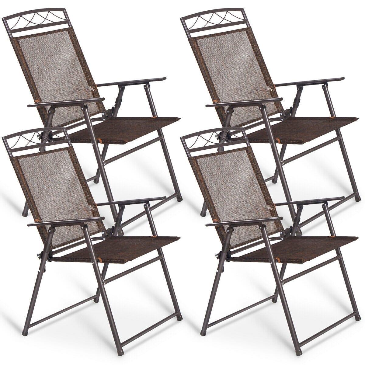 Costway - Set of 4 Patio Folding Sling Chairs Steel Camping Deck Garden Pool - Coffee