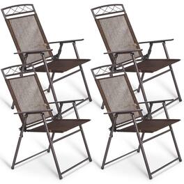 Costway - Set of 4 Patio Folding Sling Chairs Steel Camping Deck Garden Pool - Coffee