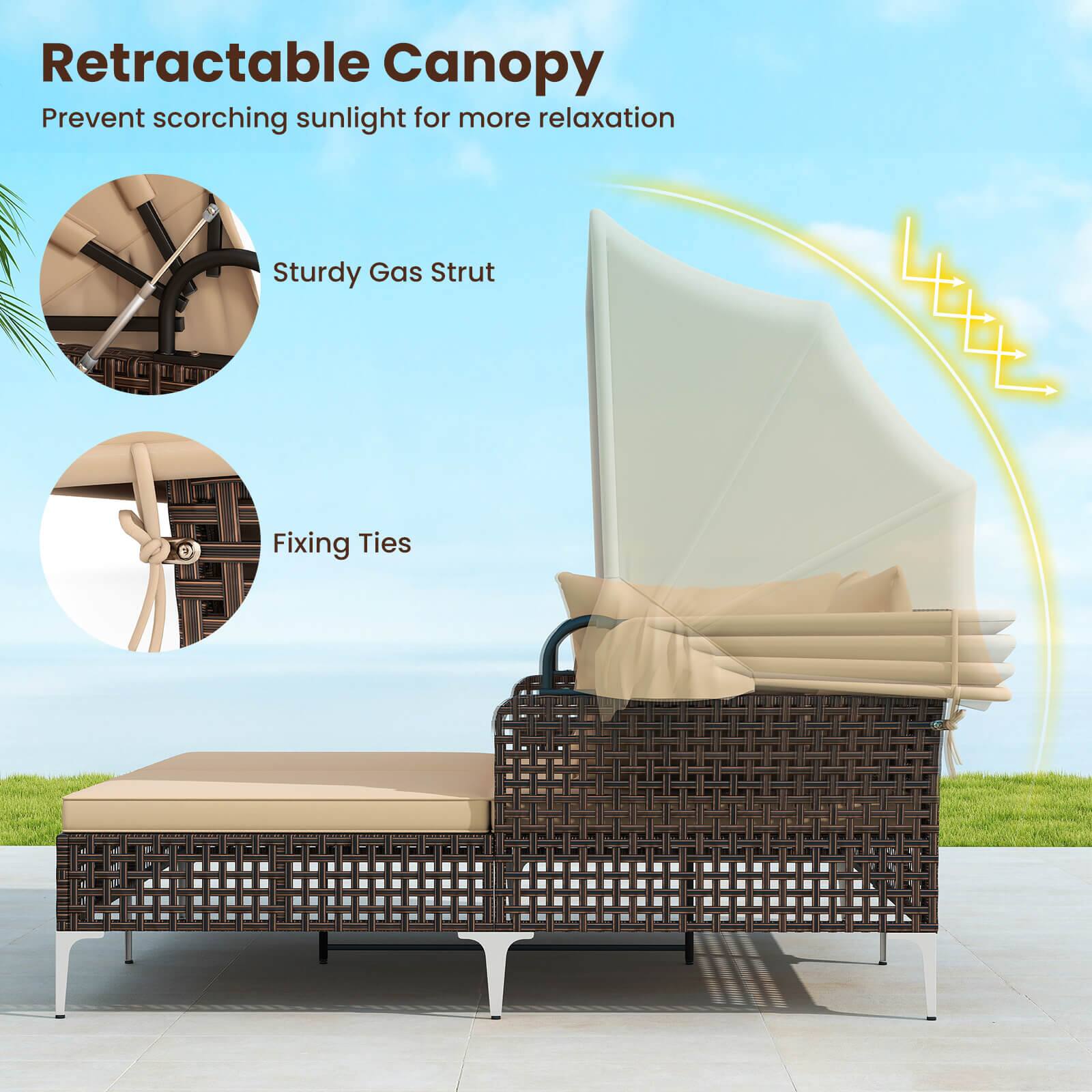 Retractable Canopy  
Prevent scorching sunlight for more relaxation  

Sturdy Gas Strut  
Fixing Ties