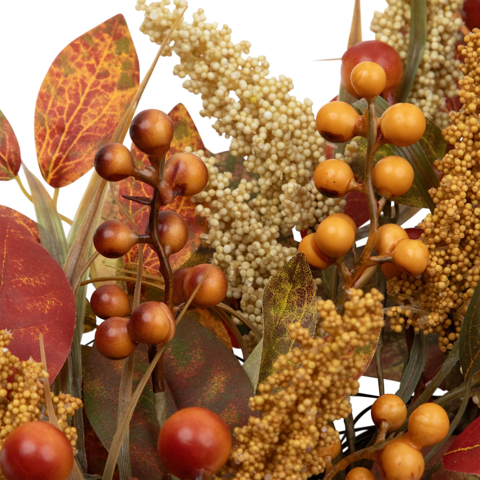 Alt View 7. Northlight - Autumn Leaves, Grass Blades and Berries Artificial Fall Harvest Wreath - 24" - Orange.