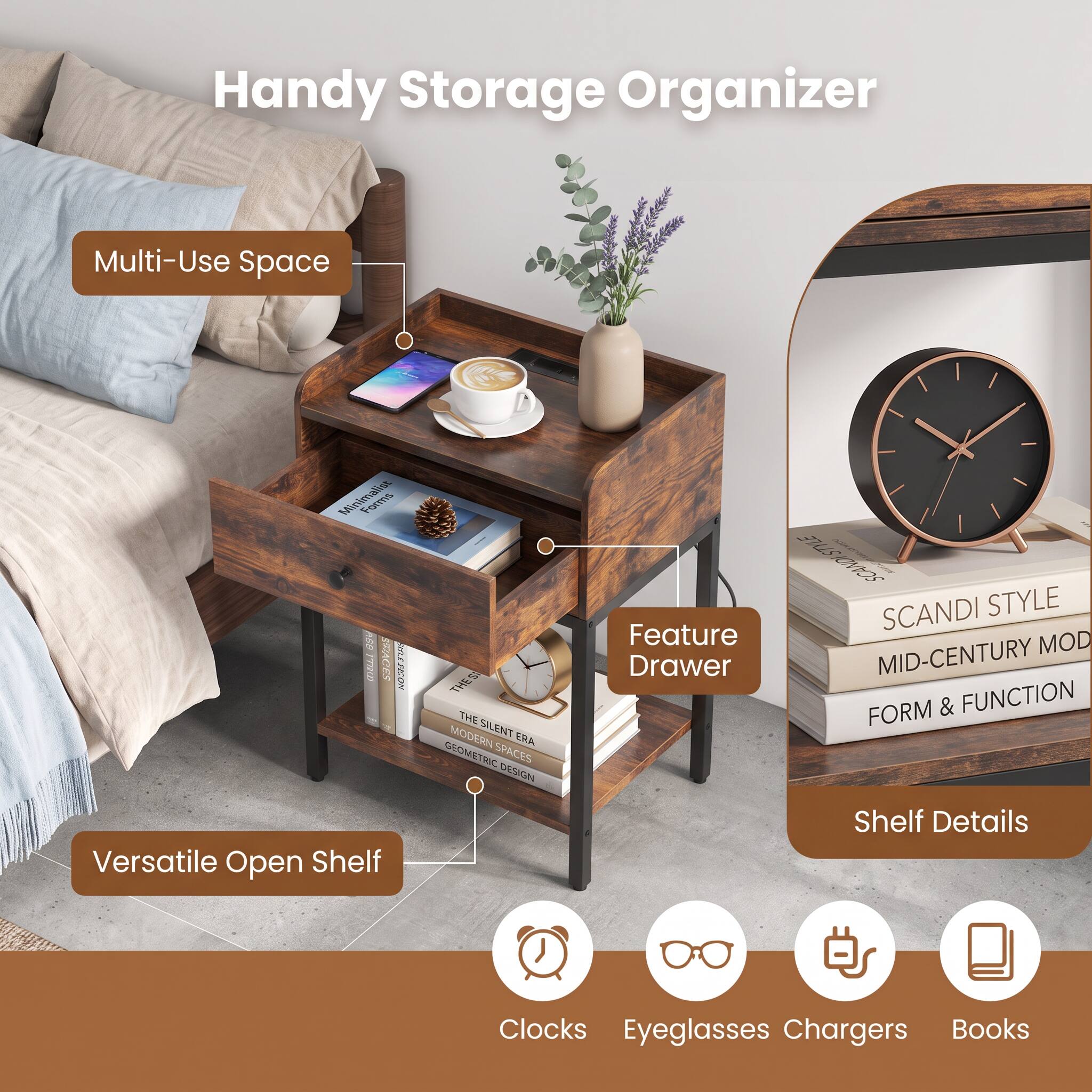 Handy Storage Organizer

Multi-Use Space

Versatile Open Shelf

Feature Drawer

Shelf Details

Clocks Eyeglasses Chargers Books