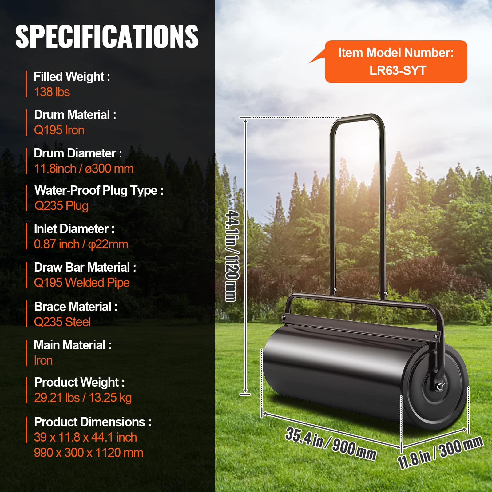 VEVOR - Lawn Roller, 17 Gallon Sand/Water Filled Yard Roller, Steel Sod Roller with Easy-turn Plug and U-Shaped Ergonomic Handle - Black - Thumbnail 5