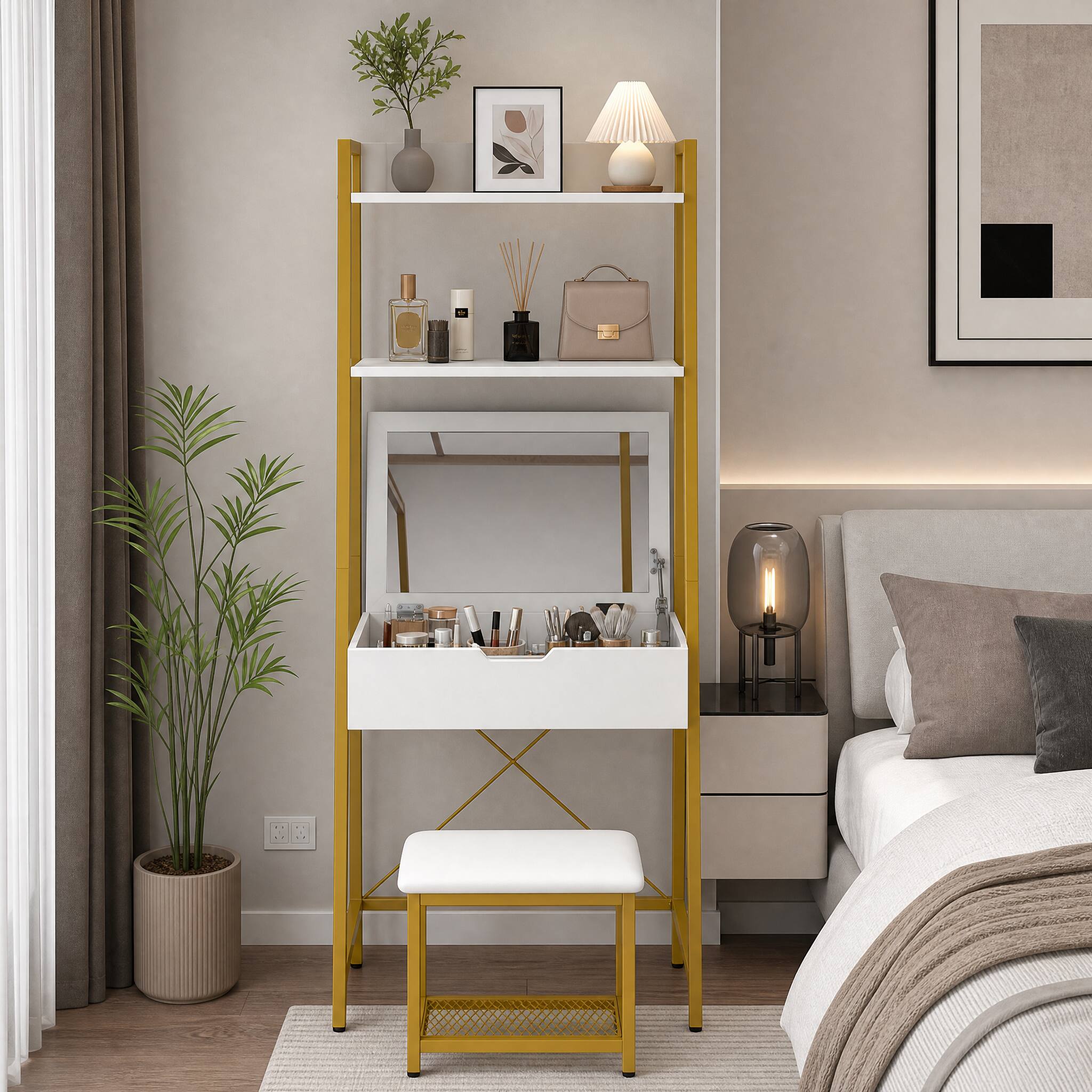 Angle. WELLFOR - 2-in-1 Ladder Makeup Vanity Set with Flip Top Hidden Mirror & Divided Storage, Vanity Desk with Cushioned Stool - Gold &White.