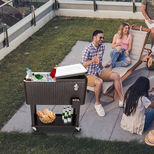 Alt View 9. Winado - 80QT Rolling Ice Chest, Portable Patio Party Bar Drink Cooler Cart, with Shelf, Beverage Pool Bottle Opener for Outdoor - Brown.