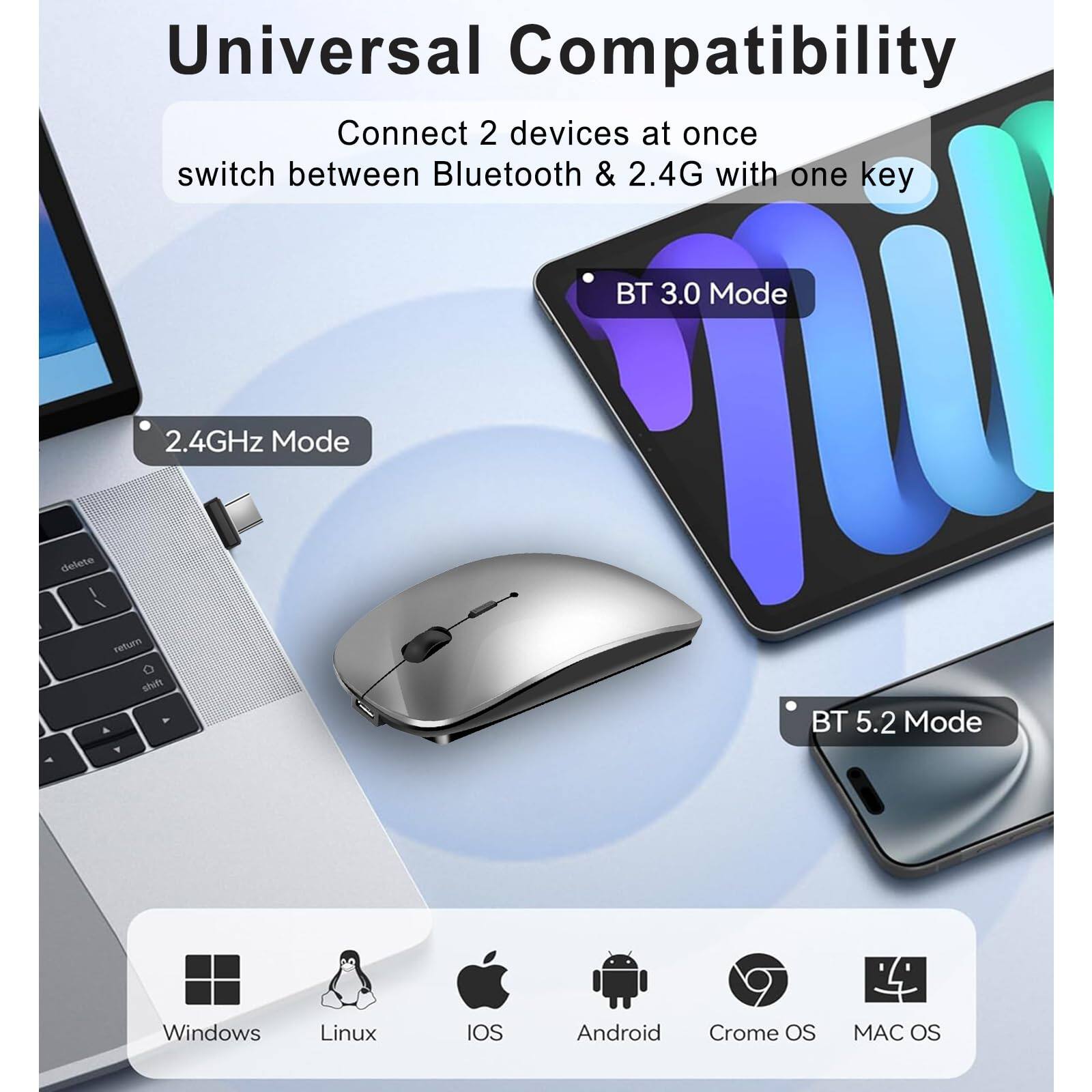 Universal Compatibility

Connect 2 devices at once  
switch between Bluetooth & 2.4G with one key

- 2.4GHz Mode
- BT 3.0 Mode
- BT 5.2 Mode

Supported Operating Systems:
- Windows
- Linux
- iOS
- Android
- Chrome OS
- MAC OS