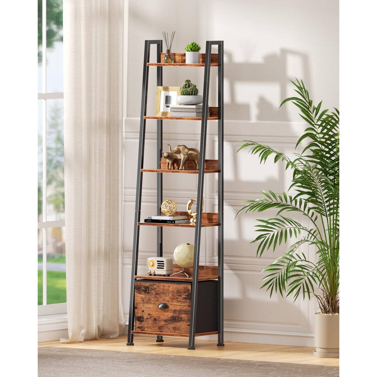 Alt View 3. Furnulem - 5 Tier Ladder Shelf with Storage Drawers Wooden Metal Frame Freestanding Bookcase for Living Room - Brown.