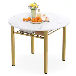 Costway - Dining Table for 2-4 People,40" Round Kitchen Table with Storage Shelf&Metal Frame - White + Gold