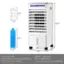 The image features a white portable air conditioner with a blue water tank. The air conditioner is 3.5 inches tall and 1.5 inches wide, with a 22-inch height and a 6.5-inch width. The water tank is 6 liters and has a voltage of 120V/60Hz. The maximum fan flow rate is 3.6m3/min, and the wire length is 53 inches. The fan power input is 45.8W, and the fan sound power level is less than 56.6 dB.