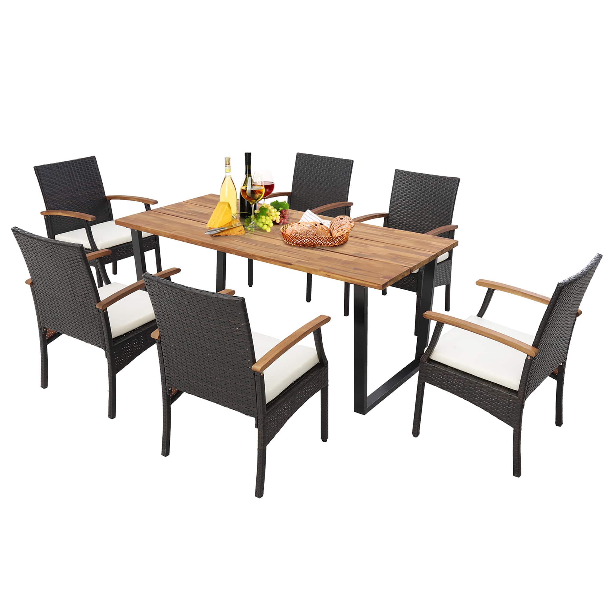 Gymax - 5PCS Rattan Dining Set Acacia Wood Table 4 Wicker Chairs w/ Umbrella Hole Patio - Brown, White, Natural, Black