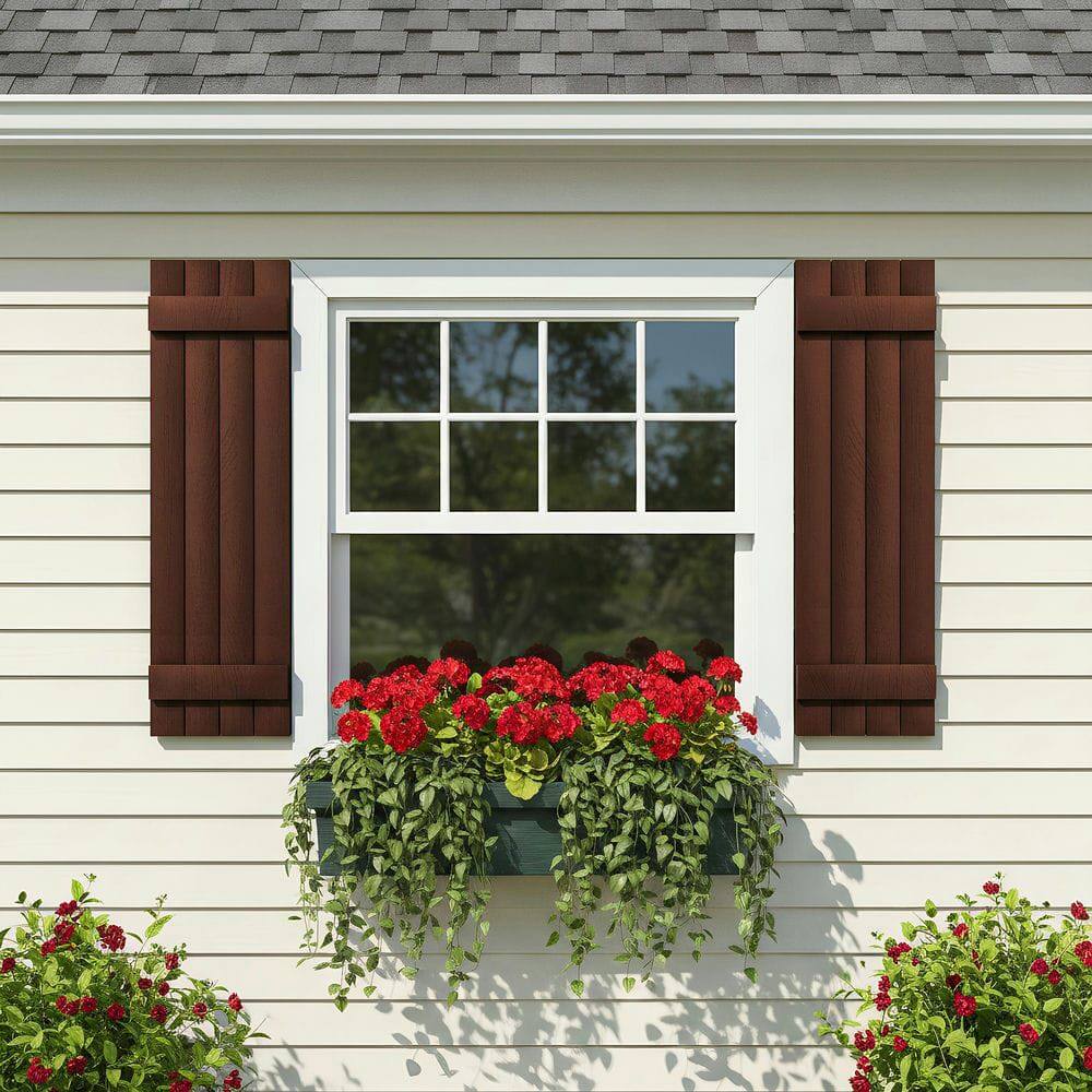 Back. Kadyn - Classic Board & Batten Faux Shutters with 2 Horizontal Bars for Timeless and Durable Exterior Elegance, 14"x43", Red - Red.