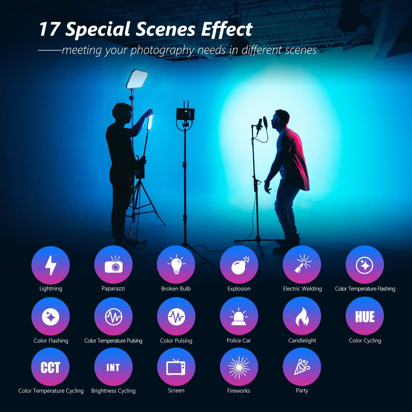 17 Special Scenes Effect  
meeting your photography needs in different scenes

- Lightning
- Paparazzi
- Broken Bulb
- Explosion
- Electric Welding
- Color Temperature Flashing
- Color Flashing
- Color Temperature Pulsing
- Color Pulsing
- Police Car
- Candlelight
- Color Cycling
- CCT
- INT
- Screen
- Fireworks
- Party