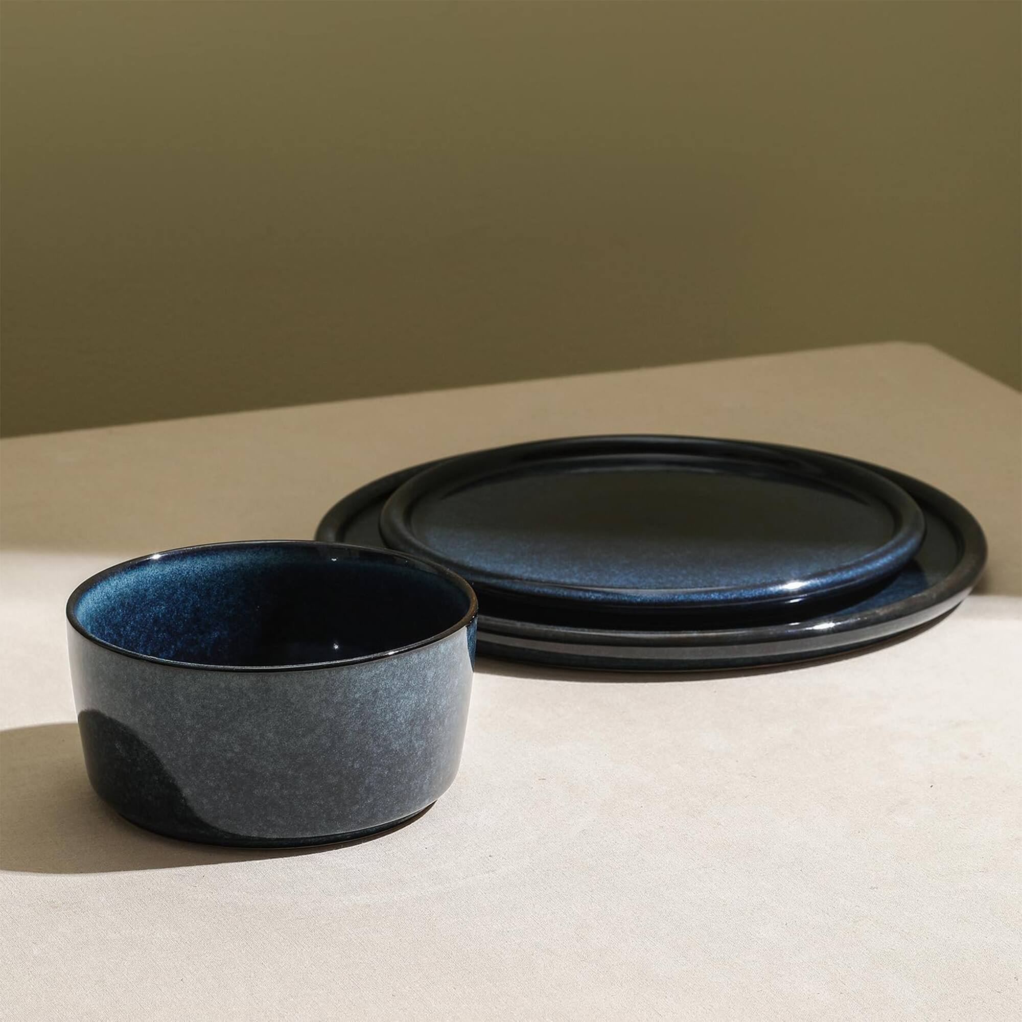 Alt View 1. Stone Lain - Stone Lain 12 Piece Modern Stoneware Dinnerware Set Plates, Bowls, Dark Blue - Dark Blue.