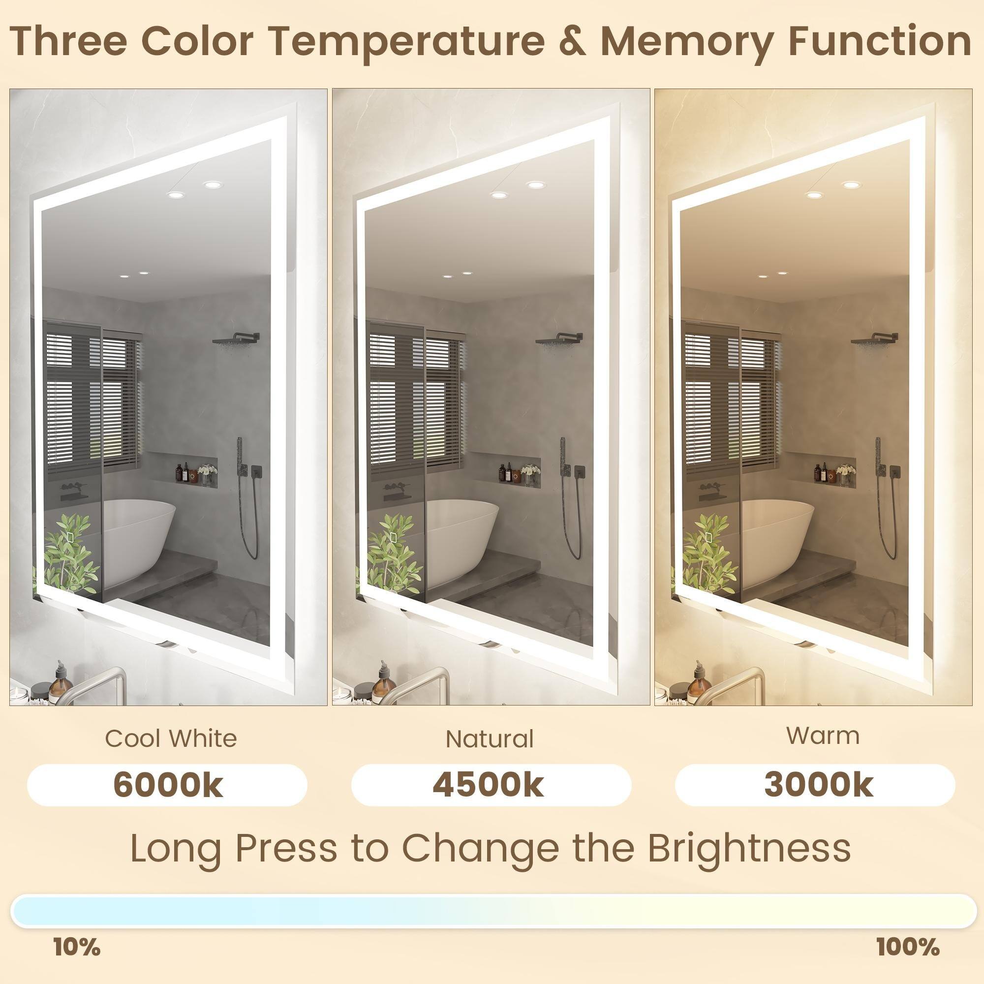 Three Color Temperature & Memory Function

Cool White 6000k  
Natural 4500k  
Warm 3000k  

Long Press to Change the Brightness  

10% 100%
