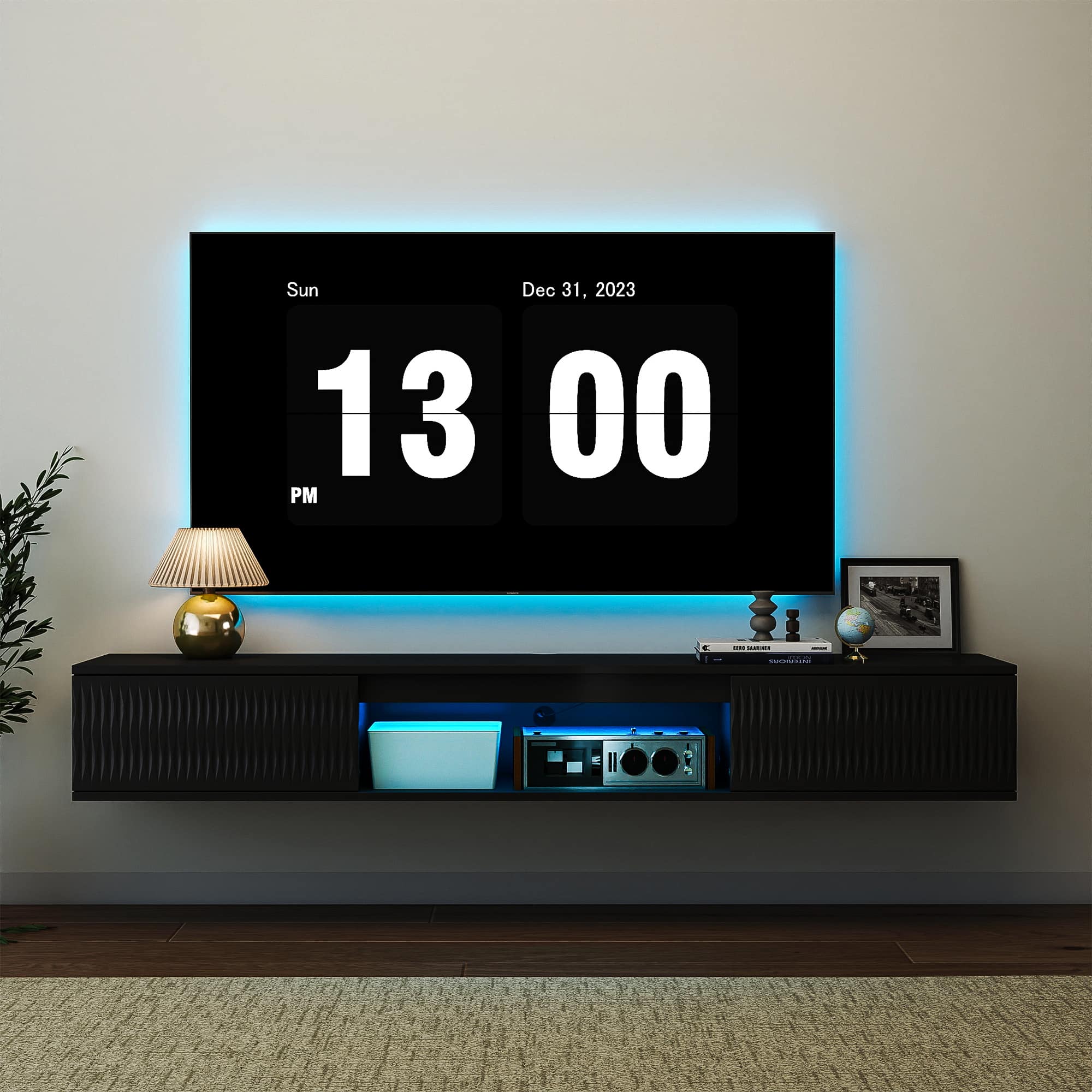 Kadyn - Wall-Mounted Floating TV Stand with LED Lighting and Twisted Texture Design - Black