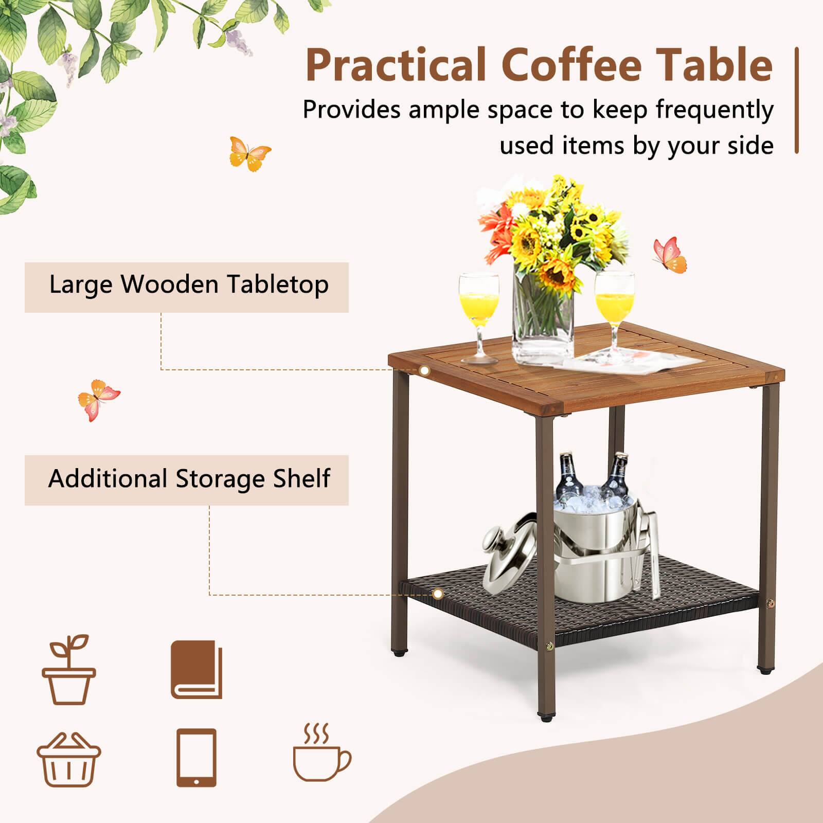 Practical Coffee Table  
Provides ample space to keep frequently used items by your side  

Large Wooden Tabletop  

Additional Storage Shelf