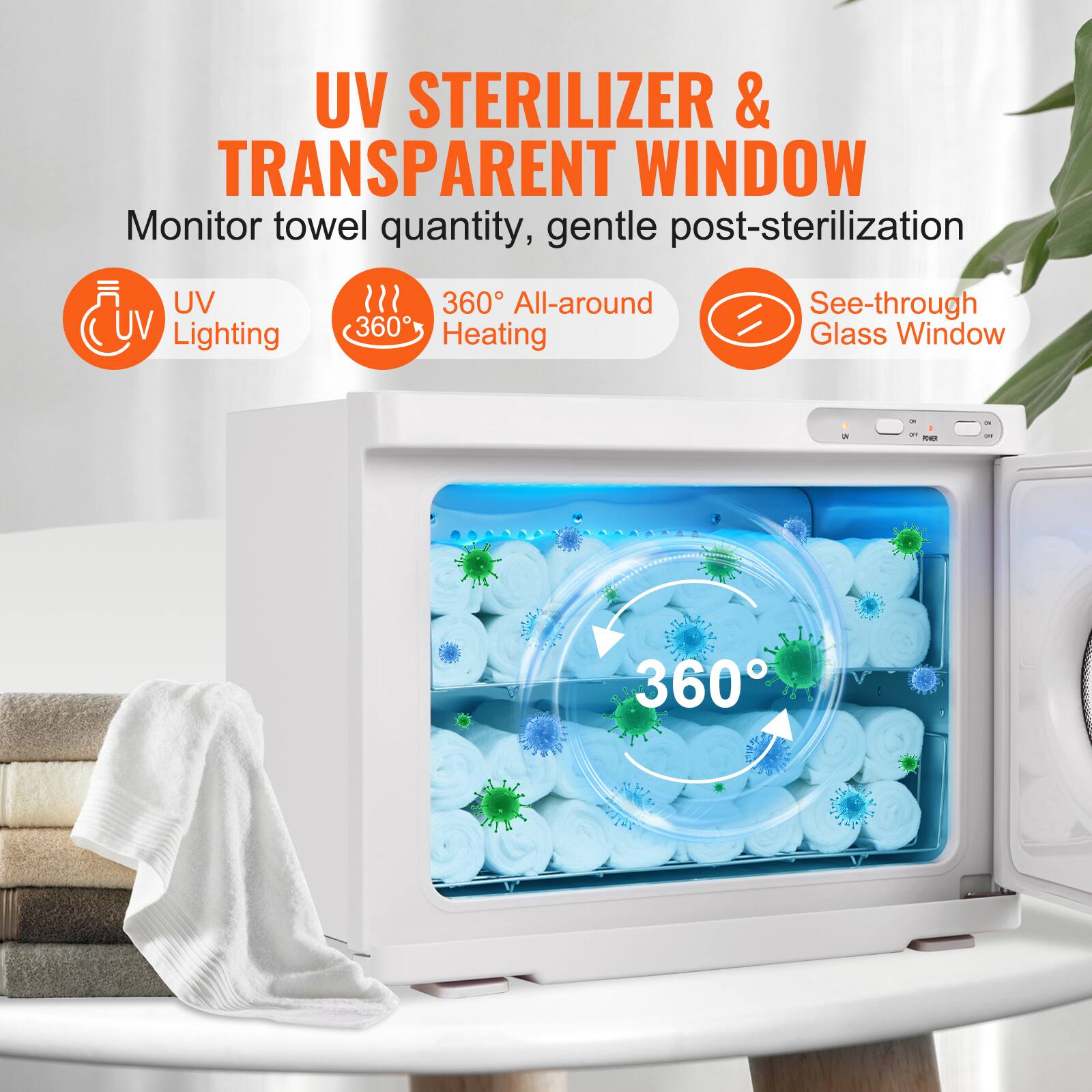 UV Sterilizer & Transparent Window  
Monitor towel quantity, gentle post-sterilization  

- UV Lighting  
- 360° All-around Heating  
- See-through Glass Window  

360°